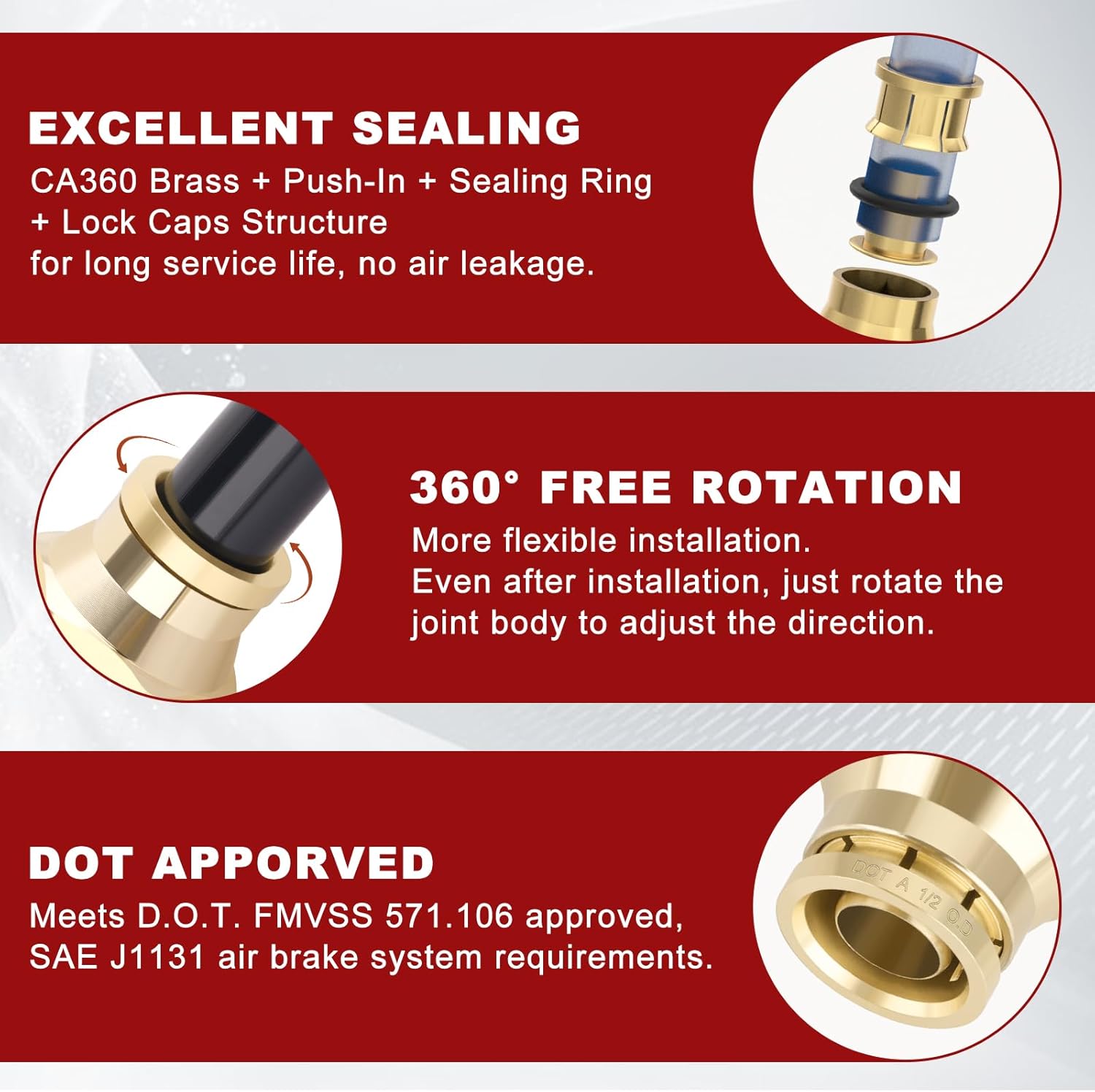 1/2" Quick Push to Connect Fittings Brass Union Straight Joint DOT Approved 1/2" Tube OD x 1/4" NPT Thread Air Line Adapter Air Suspension Kit for Truck Trailers and Air Brake System 10pcs