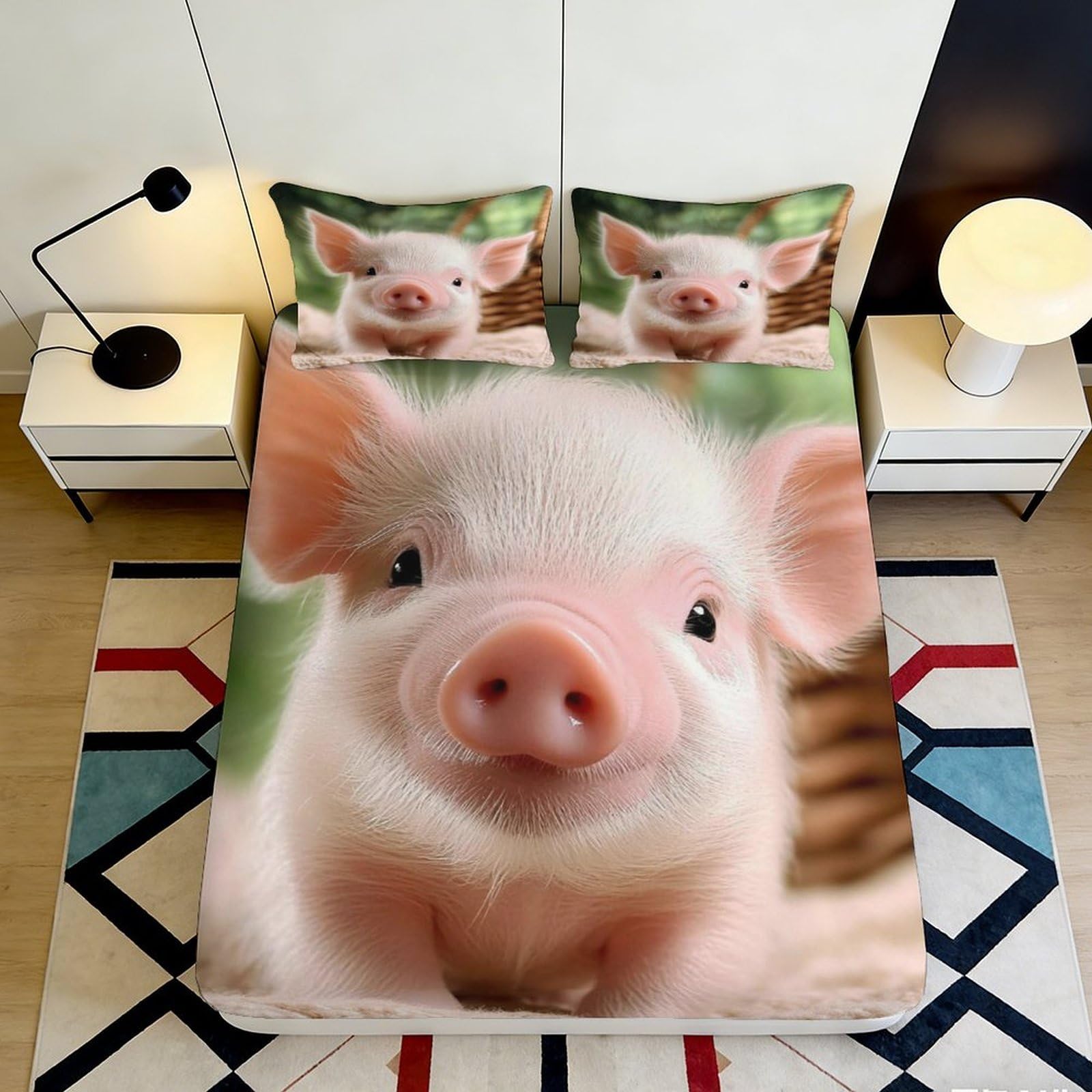 3D Printed Cartoon Pig Fitted Sheet Microfiber Deep Pocket Non-Slip Bedding Pig Mattress Fitted Cover Washable for Bedroom 140x200x25cm