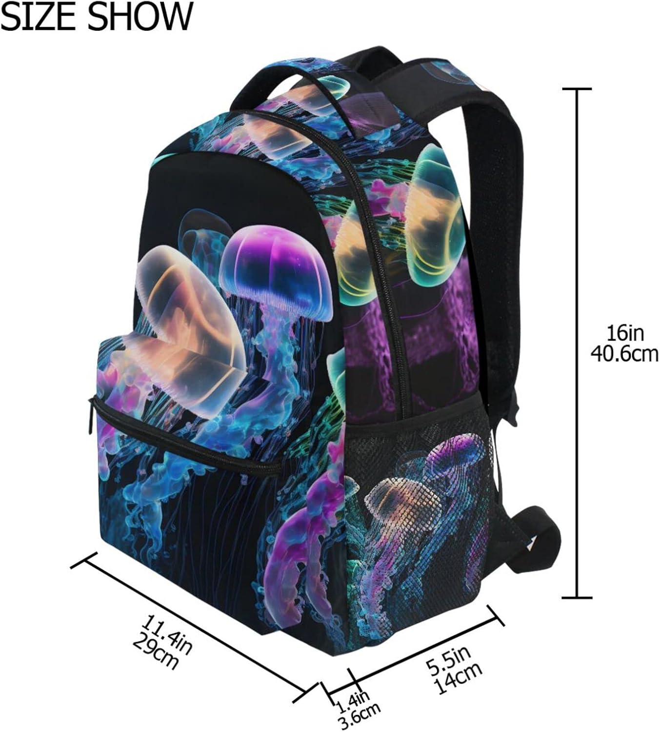 Vnurnrn Kids Travel Backpack for Boys Girls, Glowing Sea Jellyfish Print Large Capacity with Name Tag Slot