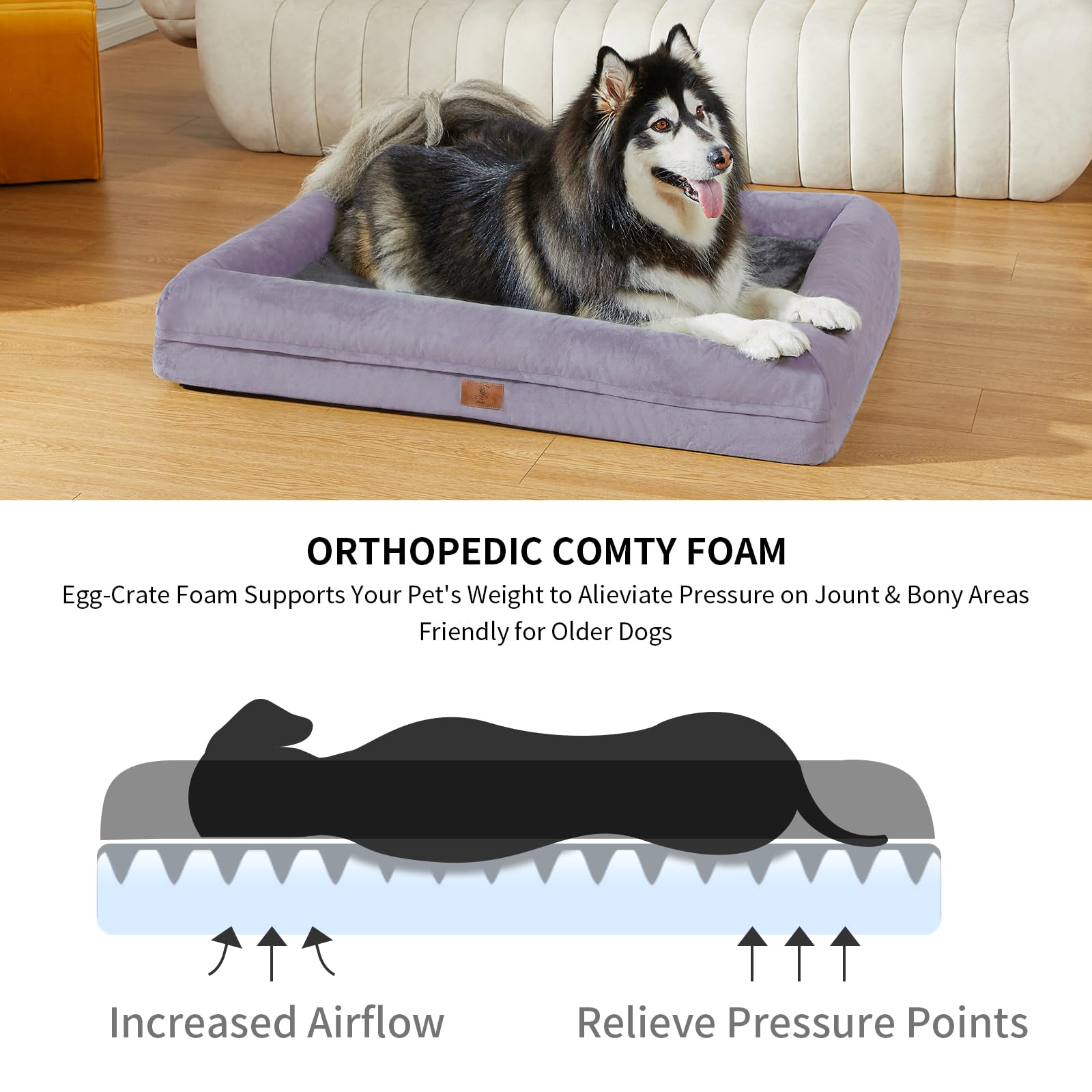 Cama ortopédica jumbo para perros, cama lavable para perros con refuerzo extraíble de 4 lados, cama impermeable para mascotas, caja de huevos de espuma con parte inferior antideslizante para
