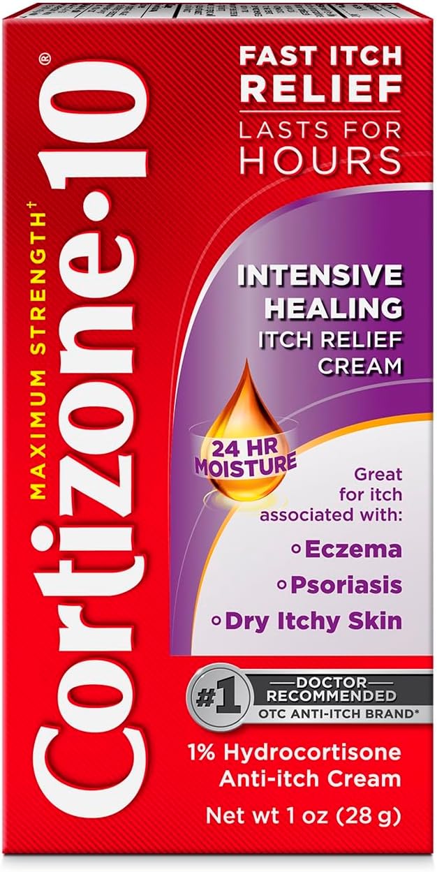 Cortizone-10 Maximum Strength Intensive Healing Itch Relief Cream, 1% Hydrocortisone, Fast-Acting, Anti-Itch Cream for Bug Bites, Rash, Eczema, Psoriasis, Poison Ivy, Oak, Sumac & More, 1 oz
