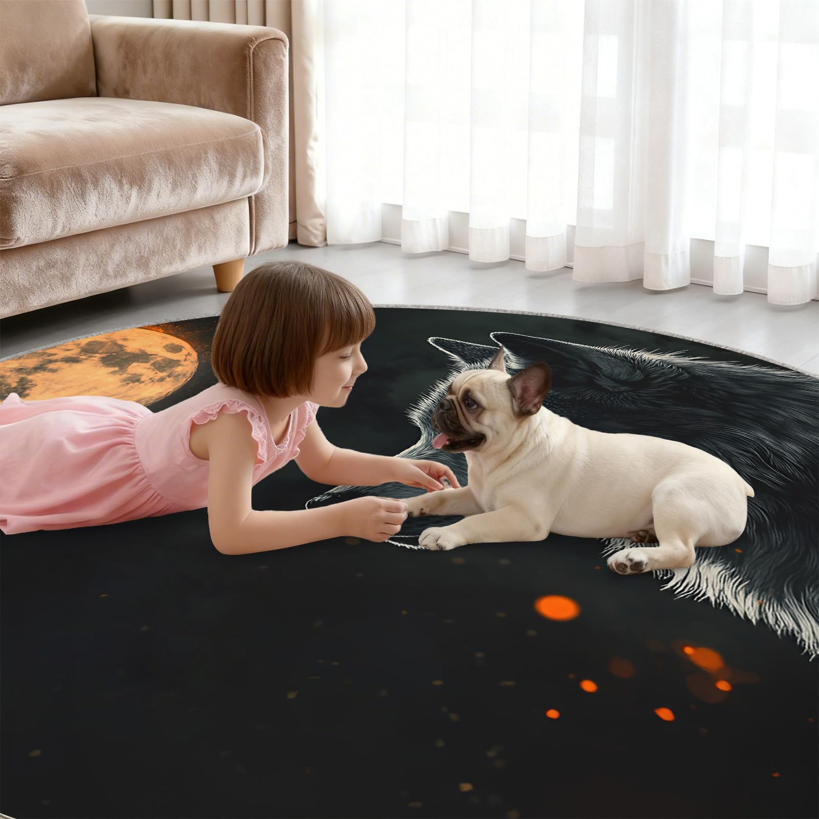 Tapis rond avec motif loup, pour salon, chambre à coucher, tapis lavable, antidérapant et antidérapant, au clair de lune