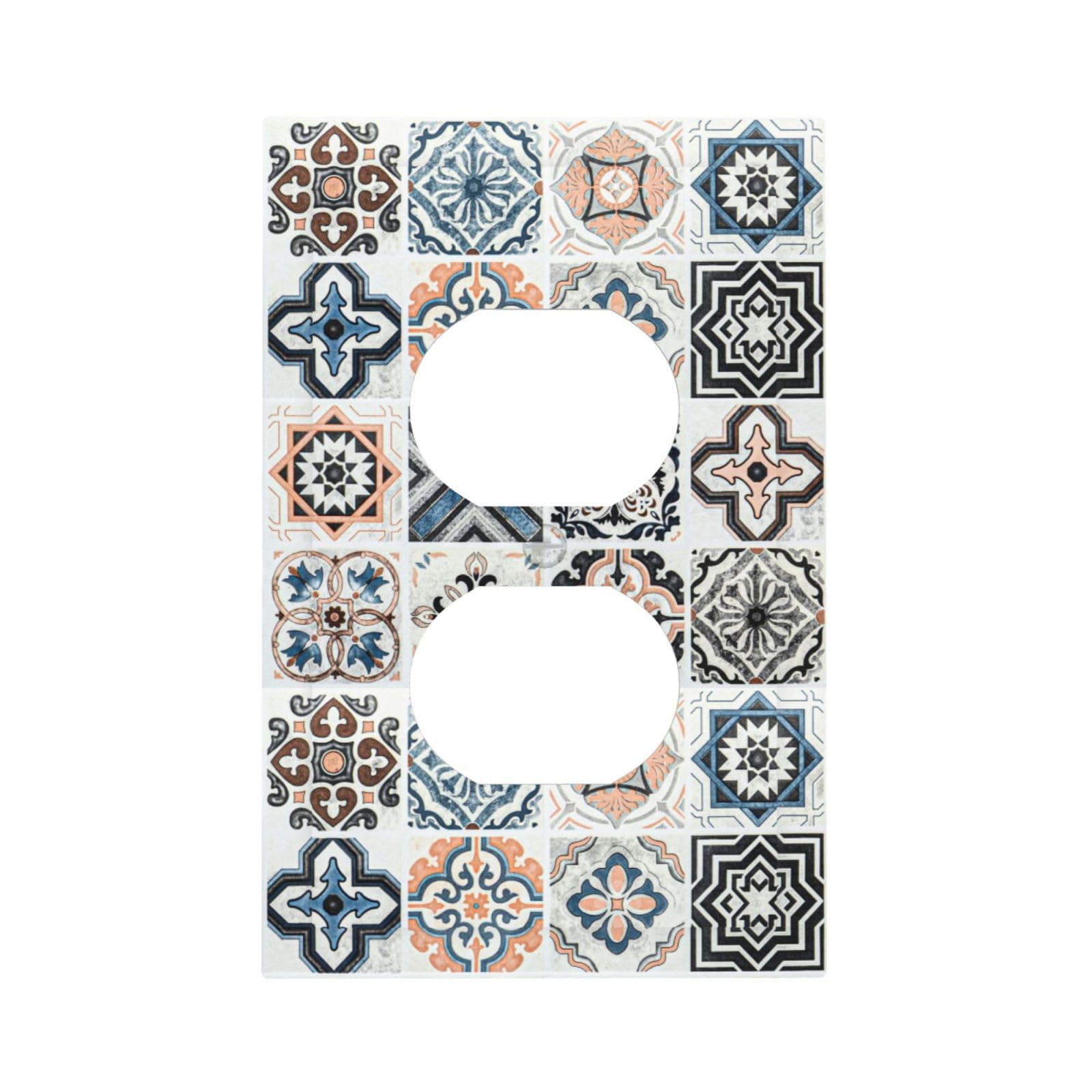 Moroccan Tile 1 Gang Outlet Covers Duplex Receptacle Wall Plate Decorative Tile Portuguese Traditional Azulejo Motifs Electrical Faceplate Switchplates Blue White Pale Brown Country Bedroom Decorate
