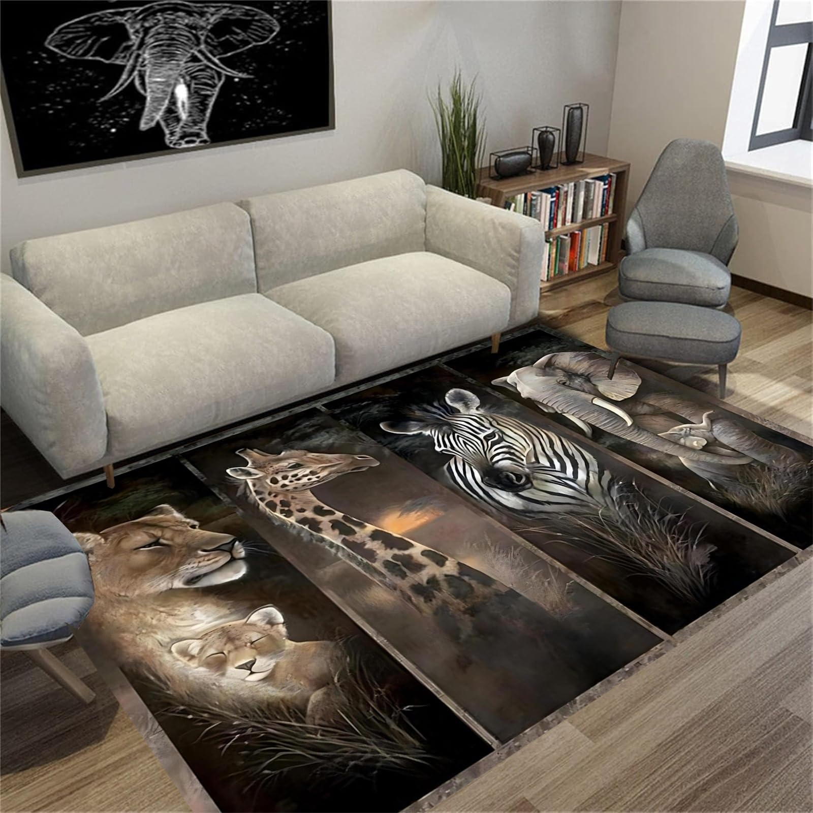 African Wildlife Rugs 120x180 Cm With Giraffe,African Elephant, Lion, Zebra Patterned Rug, Washable Non-Slip Indoor Carpet aand Room Decor - Soft Floor Mat