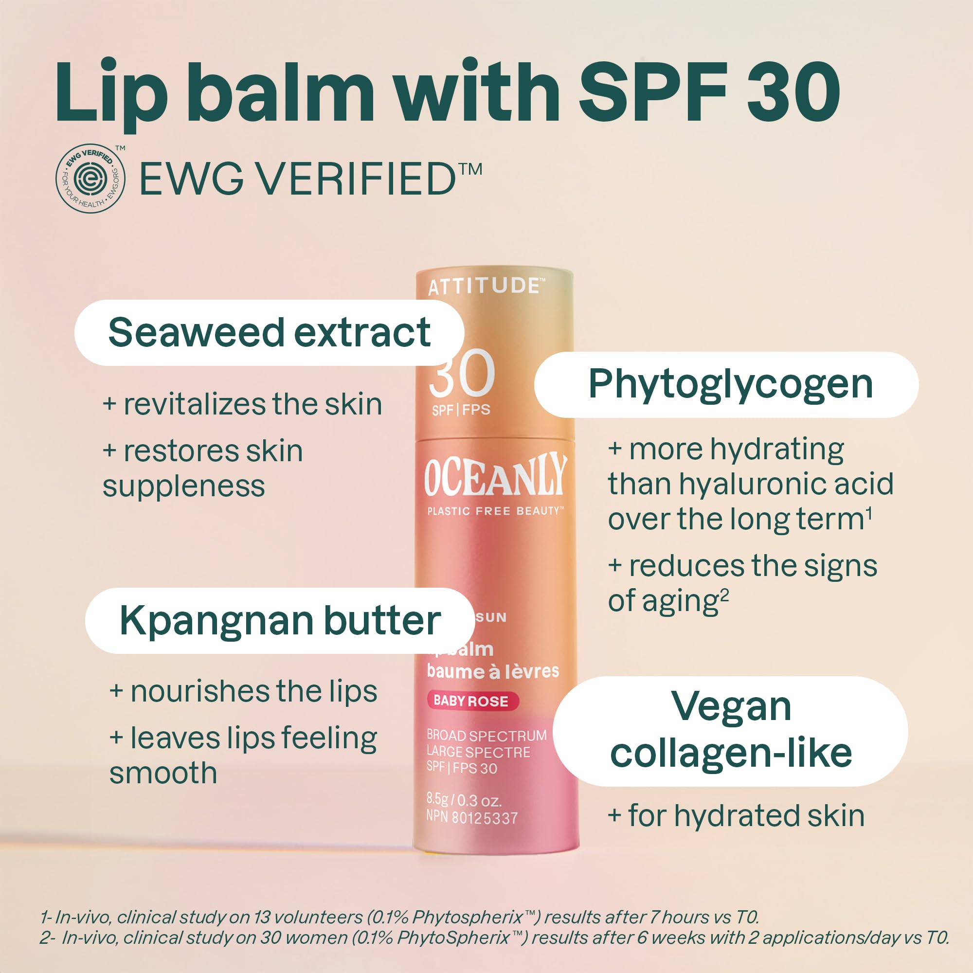 ATTITUDE Oceanly Tinted Lip Balm with SPF 30, EWG Verified, Plastic-Free, Broad Spectrum UVA/UVB Protection with Zinc Oxide, Vegan, Unscented, Baby Rose, 0.3 Ounce