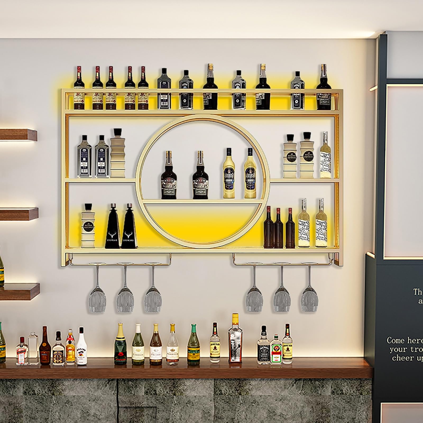 Botellero Con Luz LED Montado En La Pared, Botellero Estanterias Colgantes Con Soporte Copas Colgante Y Luz LED, Estante De Vino Montado En La Pared Para Cocina Bodega Bar Salón(Gold,160*15*80)