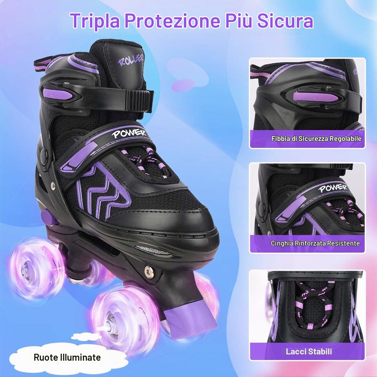 Pattini a Rotelle Bambina, Bambino,Pattini a 4 Ruote,Pattini Regolabili in 4 Misure con 8 Ruote Lampeggianti per Ragazzi, Ragazze e Principianti