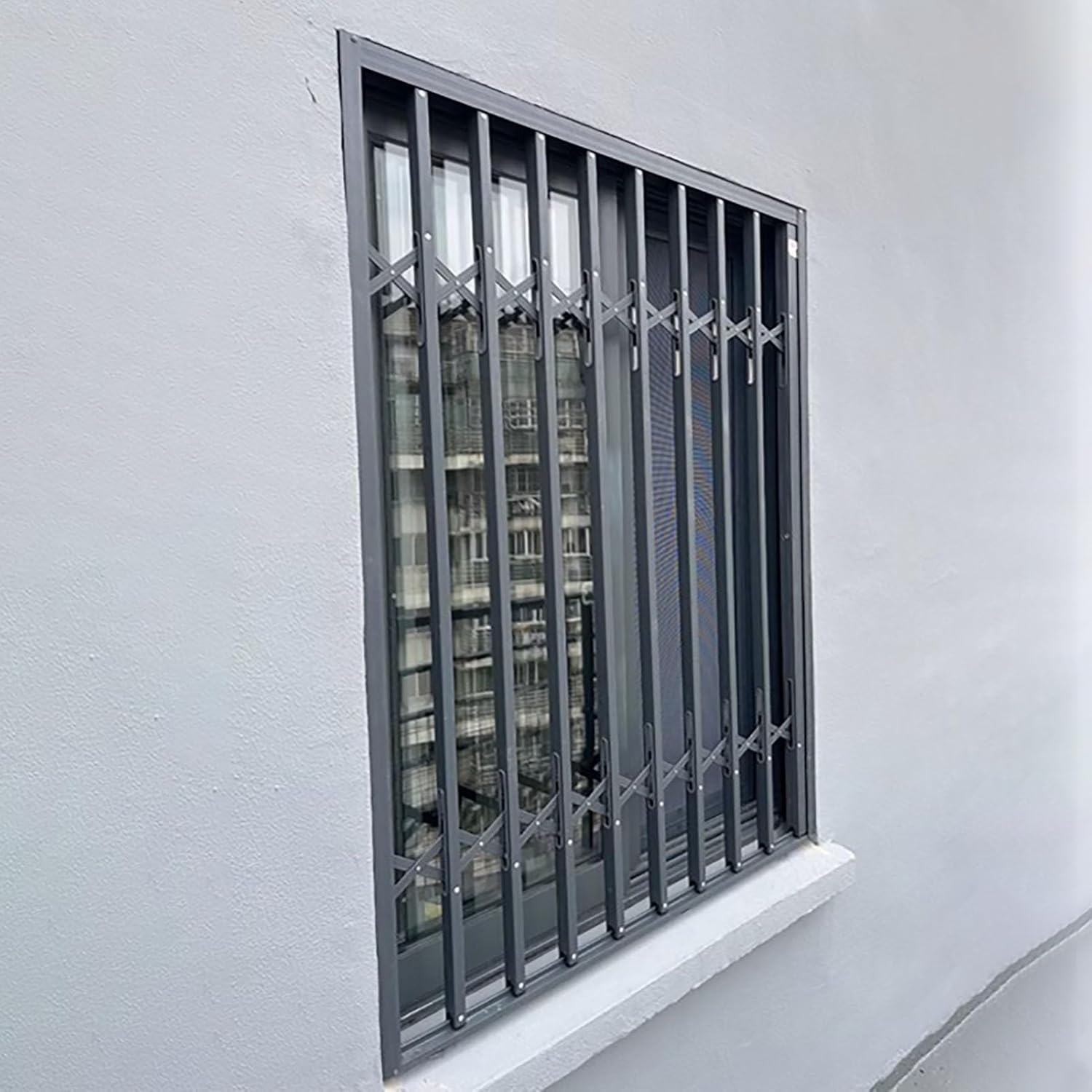 Expandable Gray Home Window Barricade, Lockable Security Grill for Burglary Protection, 24x24in Outdoor Window Guard, Durable Glass Door Frame Lock, Safety & Security Solution