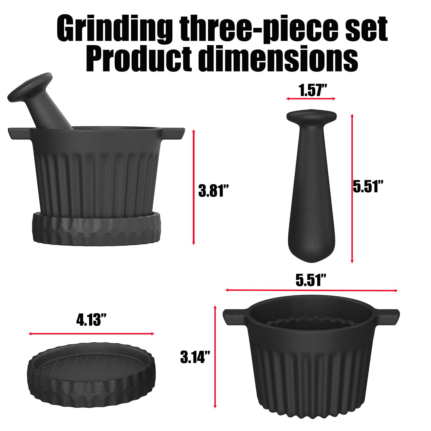 Cast Iron Mortar and Pestle Set with Grater Plate, Brush and Spoon