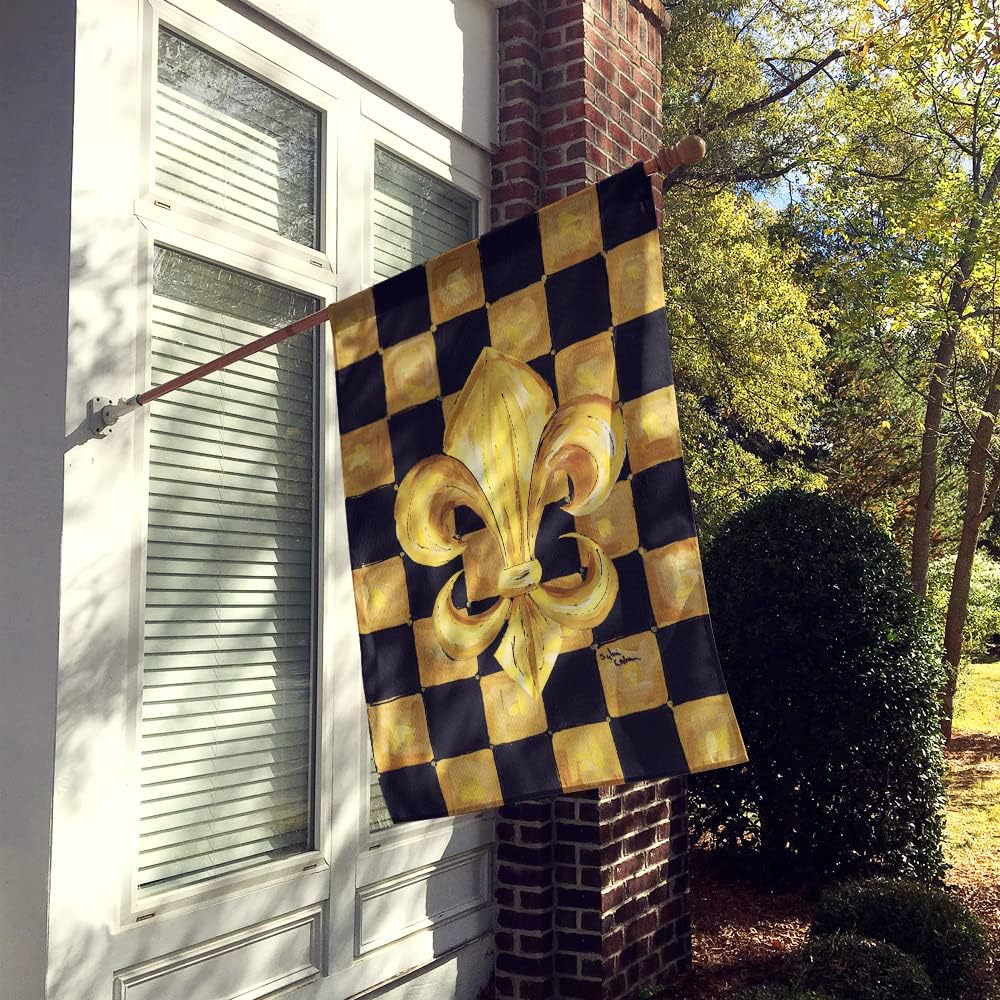 Caroline's Treasures 8197CHF Black Gold Checkered Flag Fleur de lis House Flag Large Porch Sleeve Pole Decorative Outside Yard Banner Artwork Wall Hanging, Polyester, House Size, Multicolor
