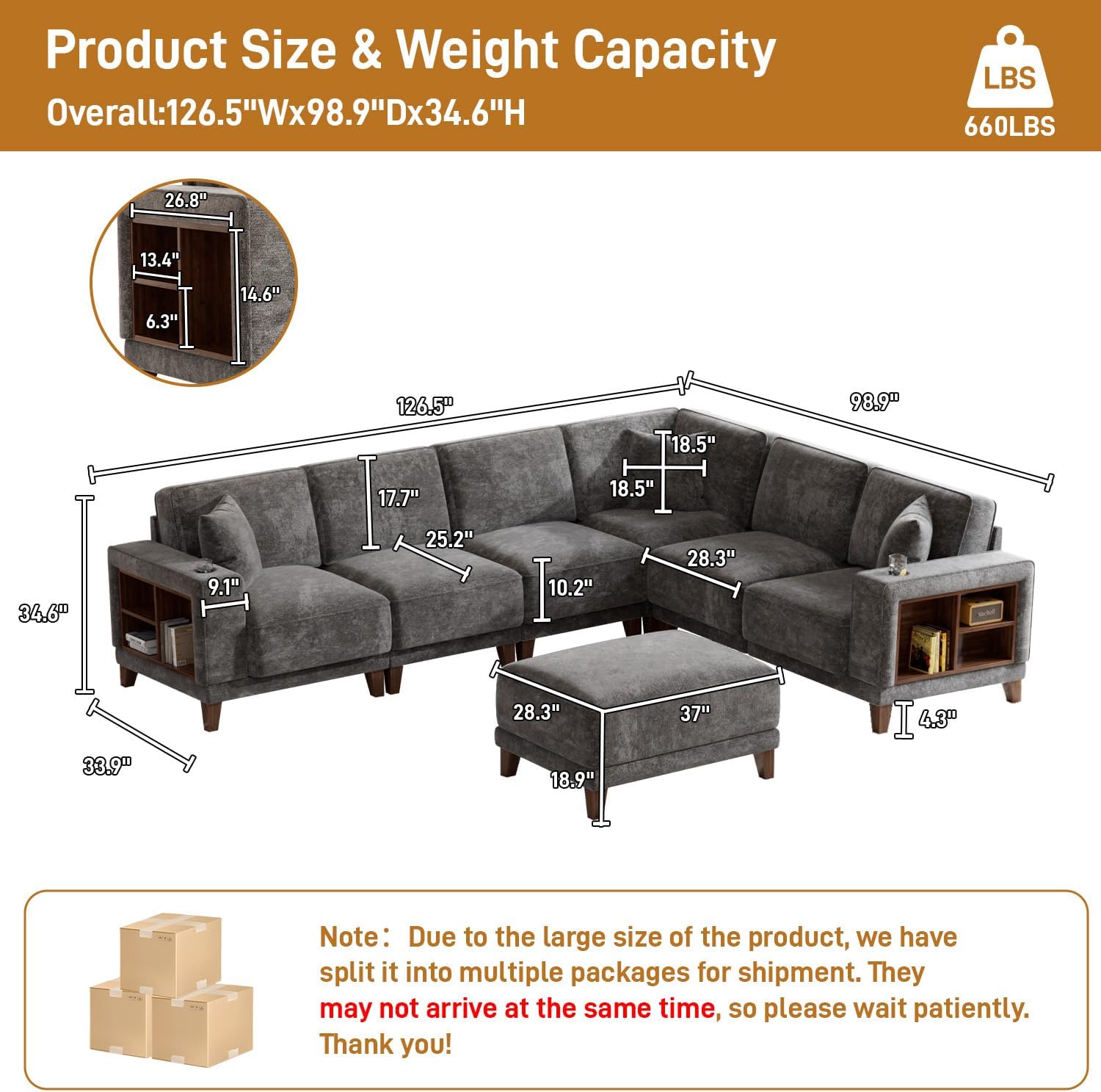 Oversized Modular Sectional Sofa,7-Seat Deep Seat Sofa with Ottoman,USB Ports,Hidden Cup Holders,Side Storage Cabinets in Armrests,U Shaped Couch in Chenille for Living Room (Dark Grey, L7)