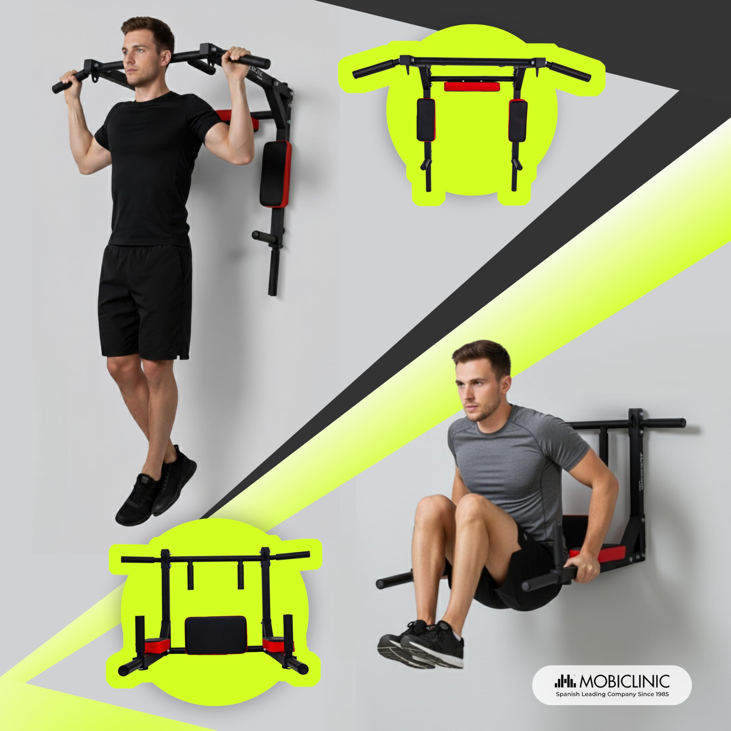 Mobiclinic®, Sbarra per Trazioni, 2 in 1, Struttura Reversibile per Dip, Trazioni e Addominali, Acciaio Rinforzato, Cuscino Posteriore e Supporti Imbottiti, 4 Ganci di Ancoraggio, Multifunzione, Q2