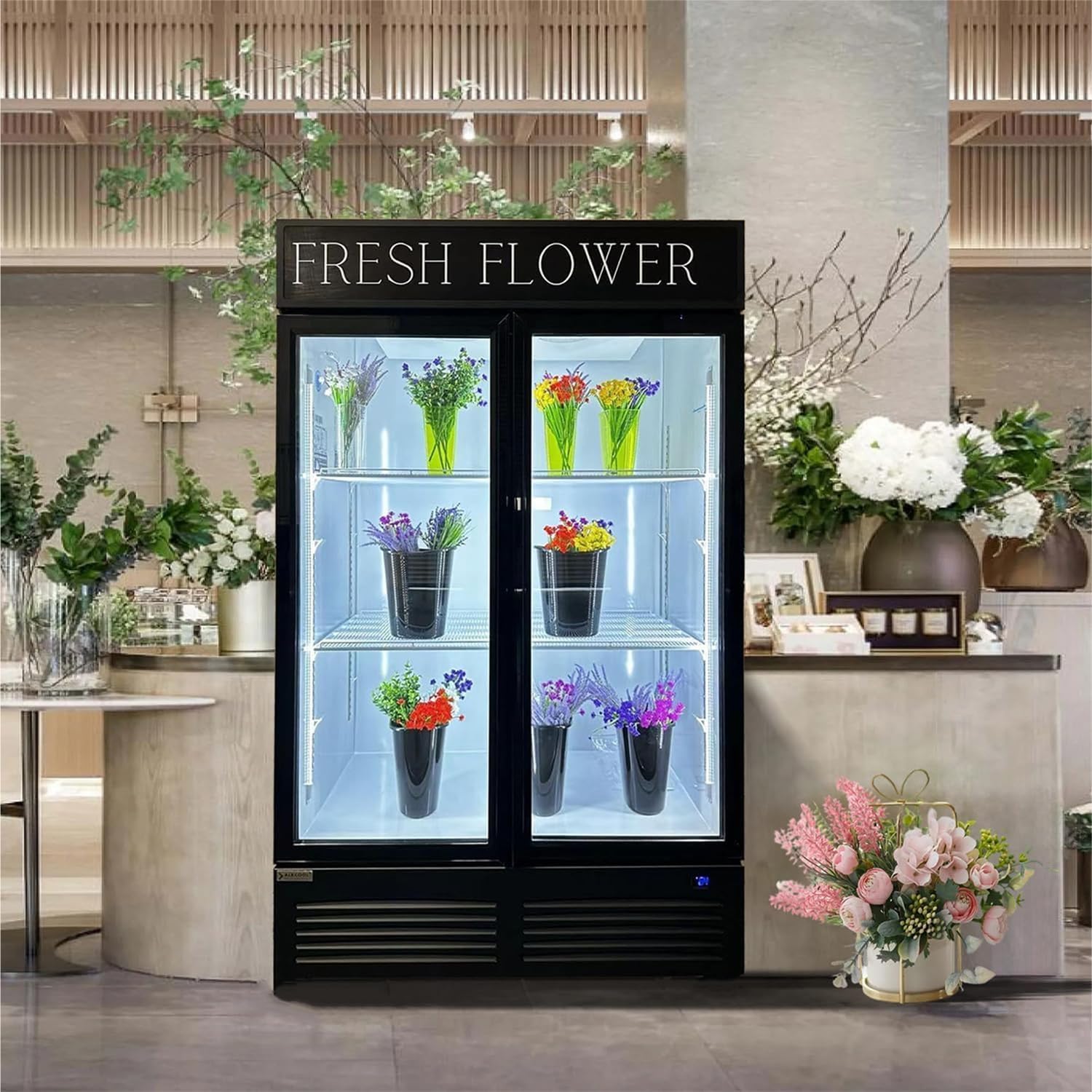 Commercial Flower Refrigerator Floral Display Cooler,White 2 Glass Doors Fridge With LED Light Adjustable Shelves,ETLSanitation Approval,42.5Cu Ft,47.2" Wide, Wheels Included