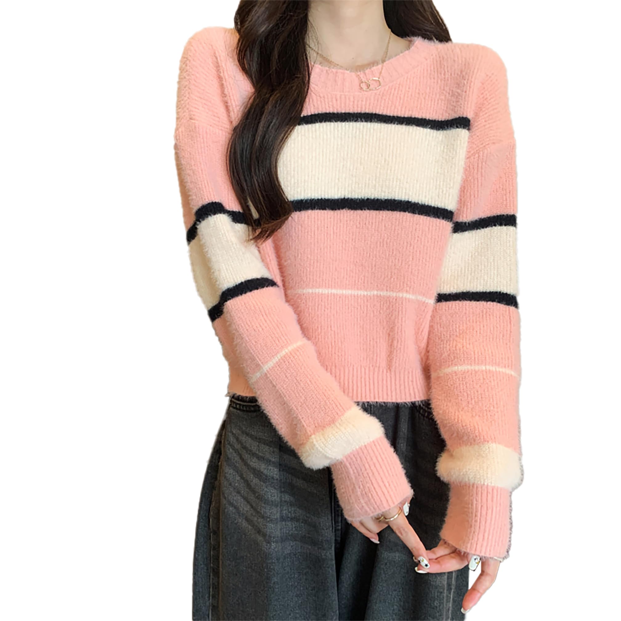 icw Women's Knitted Long Sleeve Round Neck Striped Top T-Shirt Pullover Sweater DN14 (One Size Fit XS-S-M-L)-picture-55
