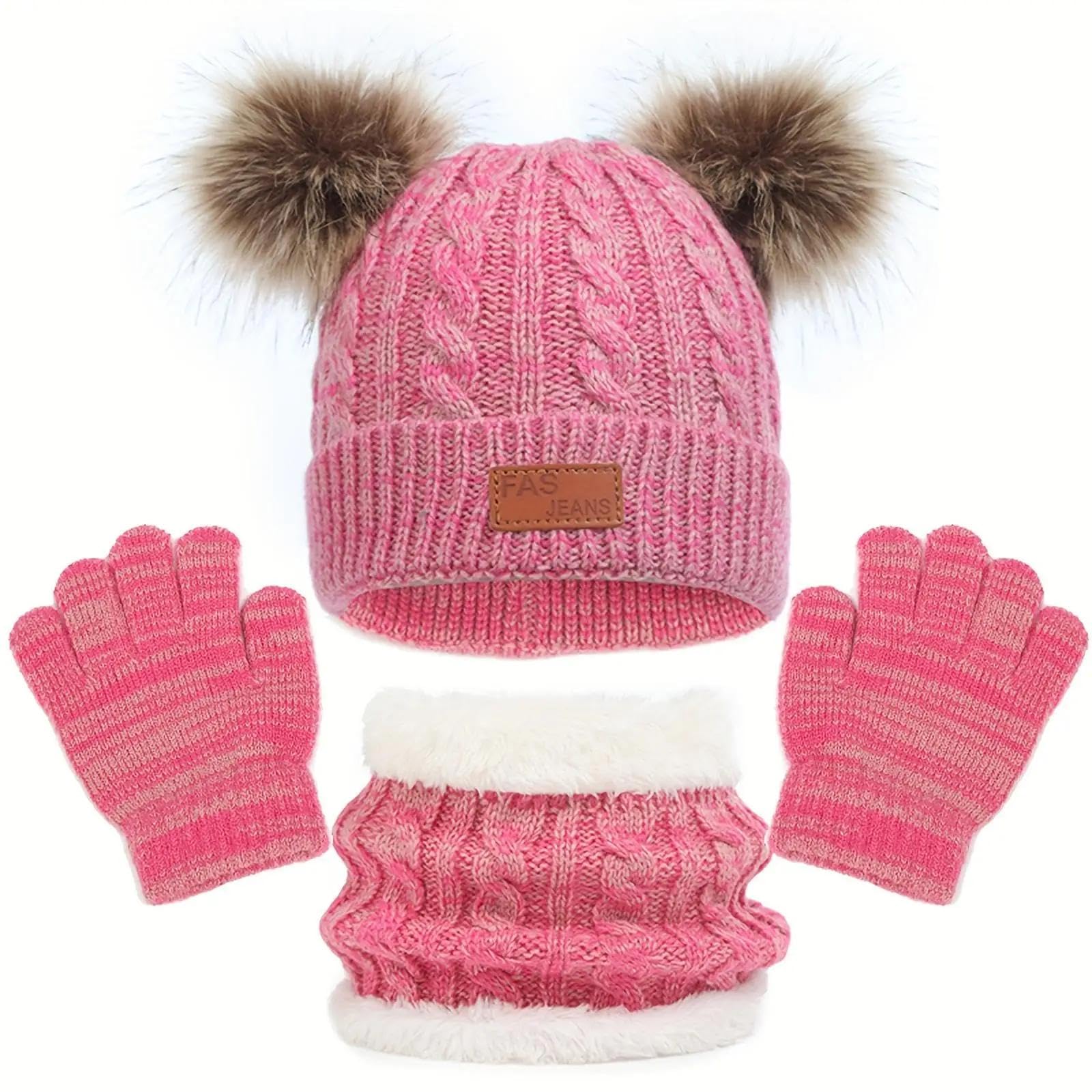 Strickmützen Hüte Mützen Caps Beanie Mütze Beanie Kinder Winter Beanie Mütze Schal Handschuhe Warmer Anzug Für Kinder 1-10 Jahre Alt Mädchen Jungen Warme Doppel Pompoms Strickmütze