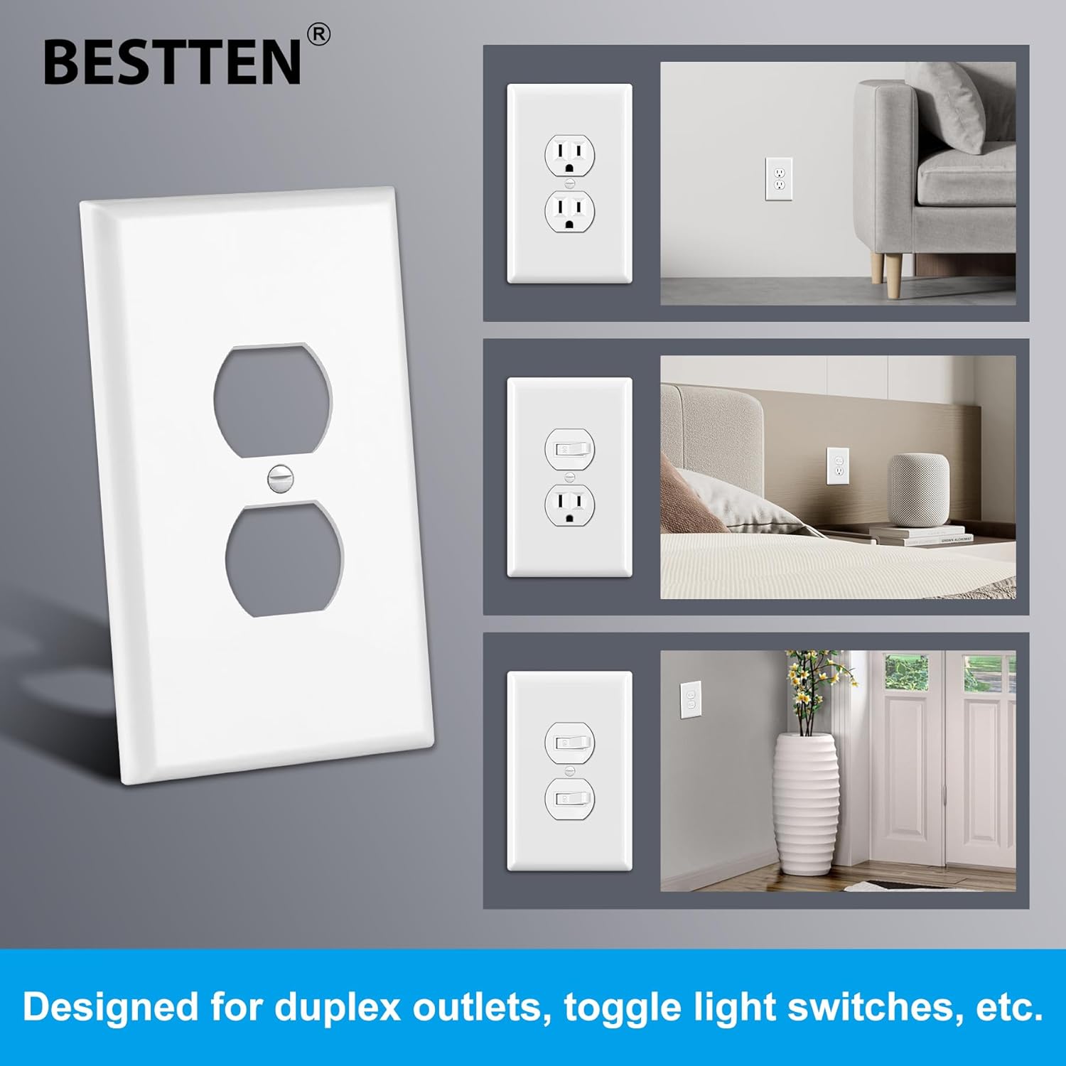 BESTTEN Jumbo Duplex Receptacle Outlet Covers, 50 Pack 1-Gang Over-Size 5.5" x 3.5" Wall Plates, Unbreakable Polycarbonate Dual Outlet Switch Covers, ETL Listed, White
