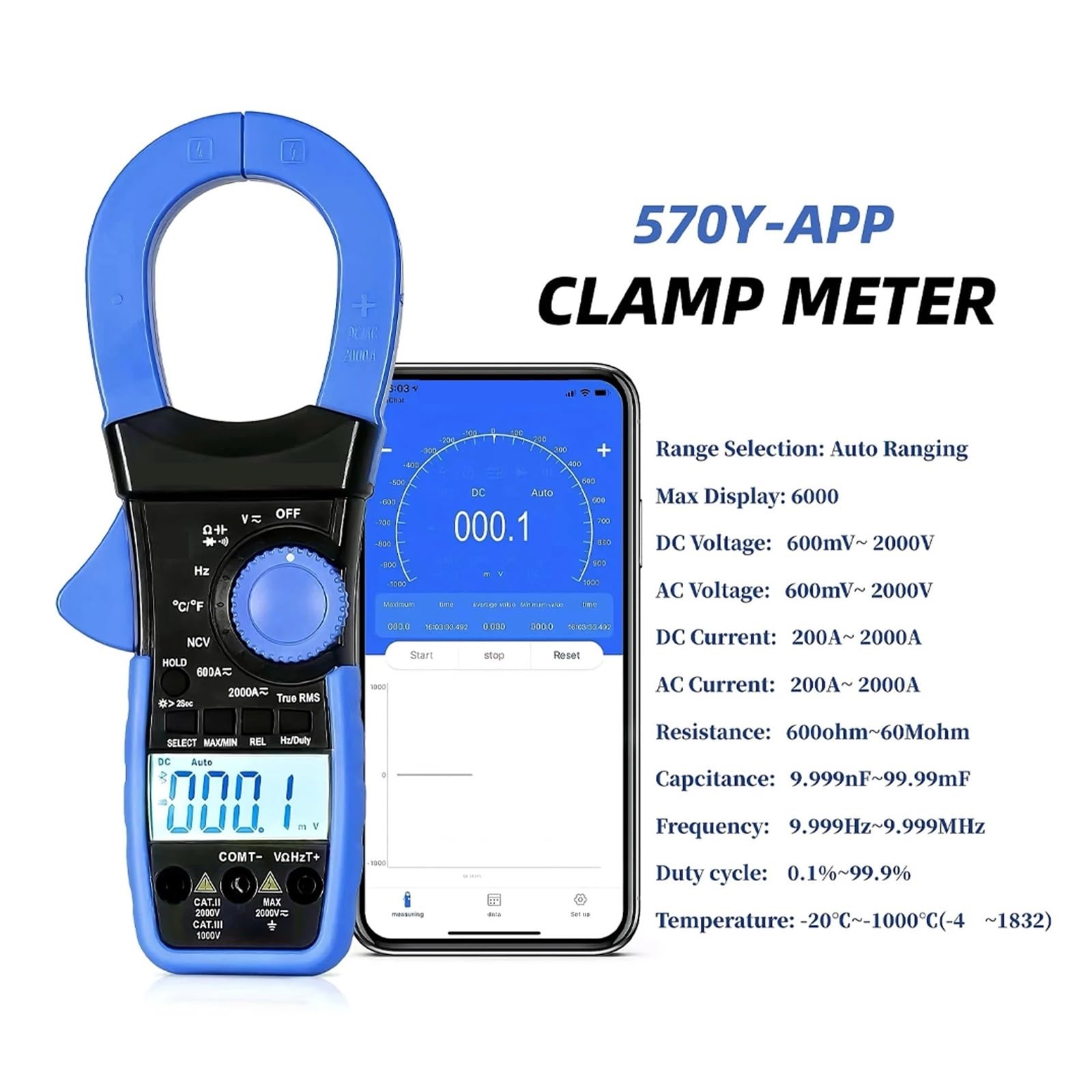 Cęgowy Multimetr Cyfrowy AC/napięcie Prądu Stałego Tester 2000A/2000V Miernik True RMS Podłączanie Telefonu Komórkowego Bluetooth(Blue)