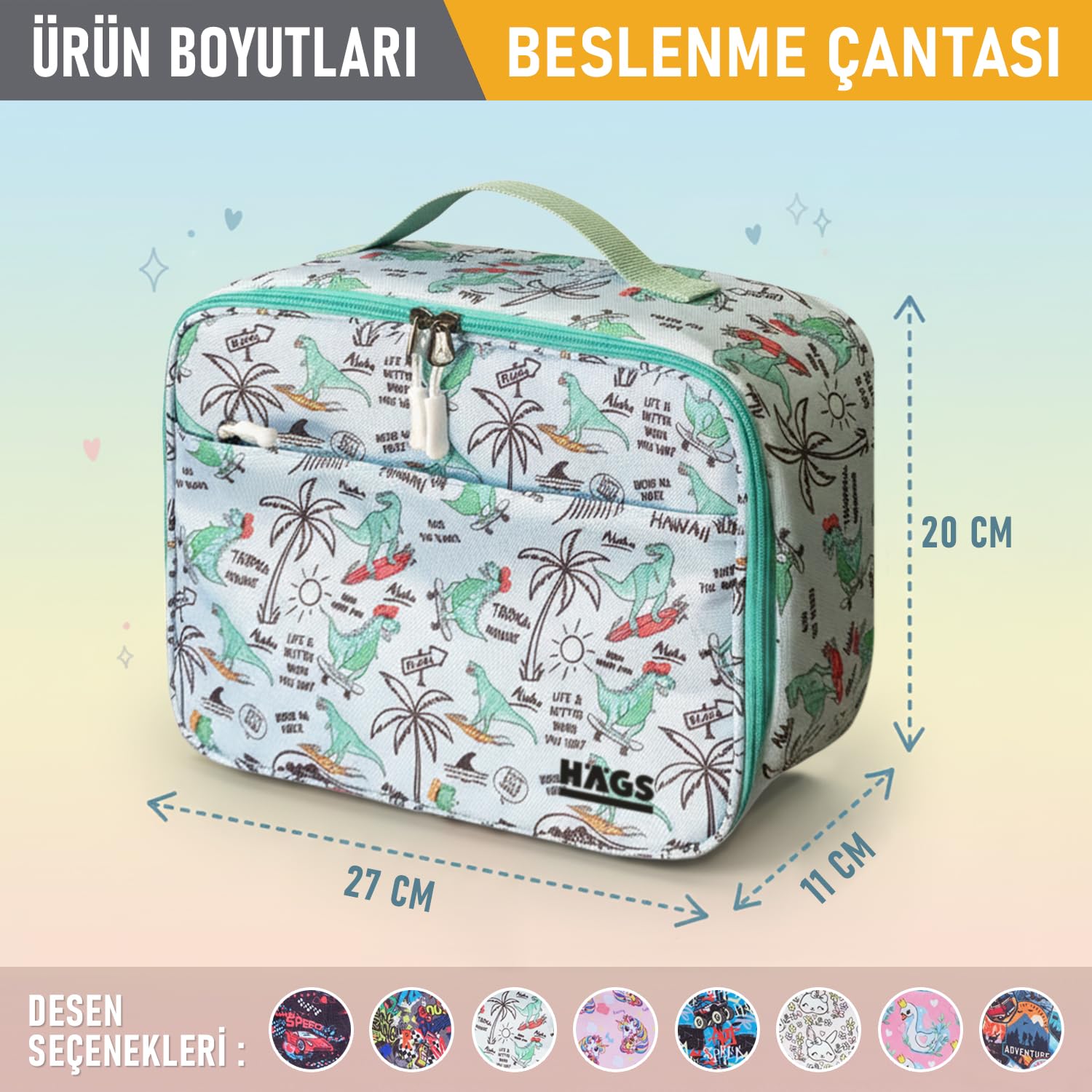 HAEGS Çocuk Beslenme Çantası, Kız Çocukları için Öğle Yemeği Kutusu - Termal Yalıtımlı Kız Çocuk Beslenme Çantası, Kreş ve Okul İçin Küçük Öğrenci Öğle Yemeği Kutusu - Dino İsland