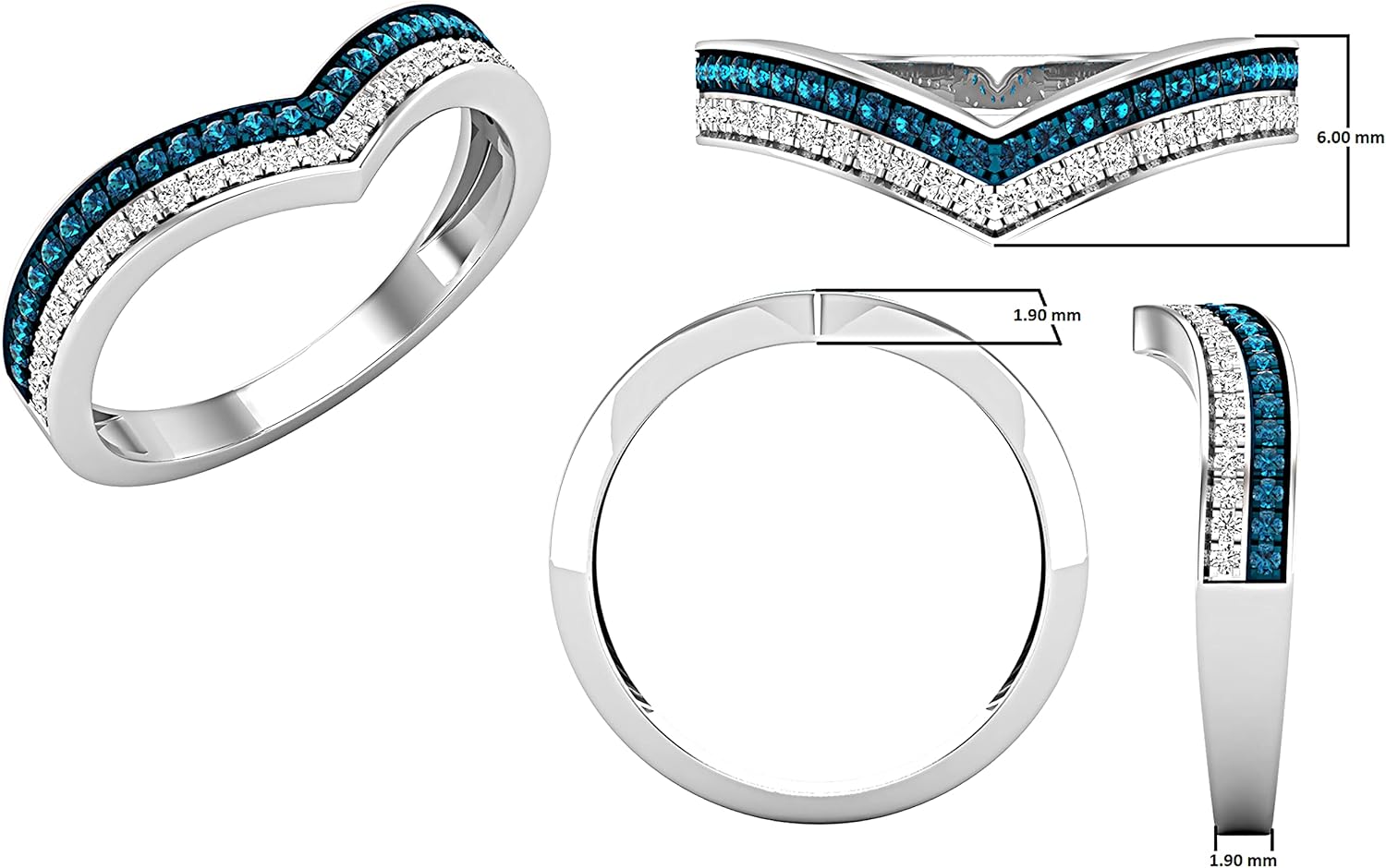 Dazzlingrock Collection 0.25 Ctw Round Blue & White Natural Diamond Women Double Row Chevron Wedding Band Enhancer Guard Ring in Real Solid Gold