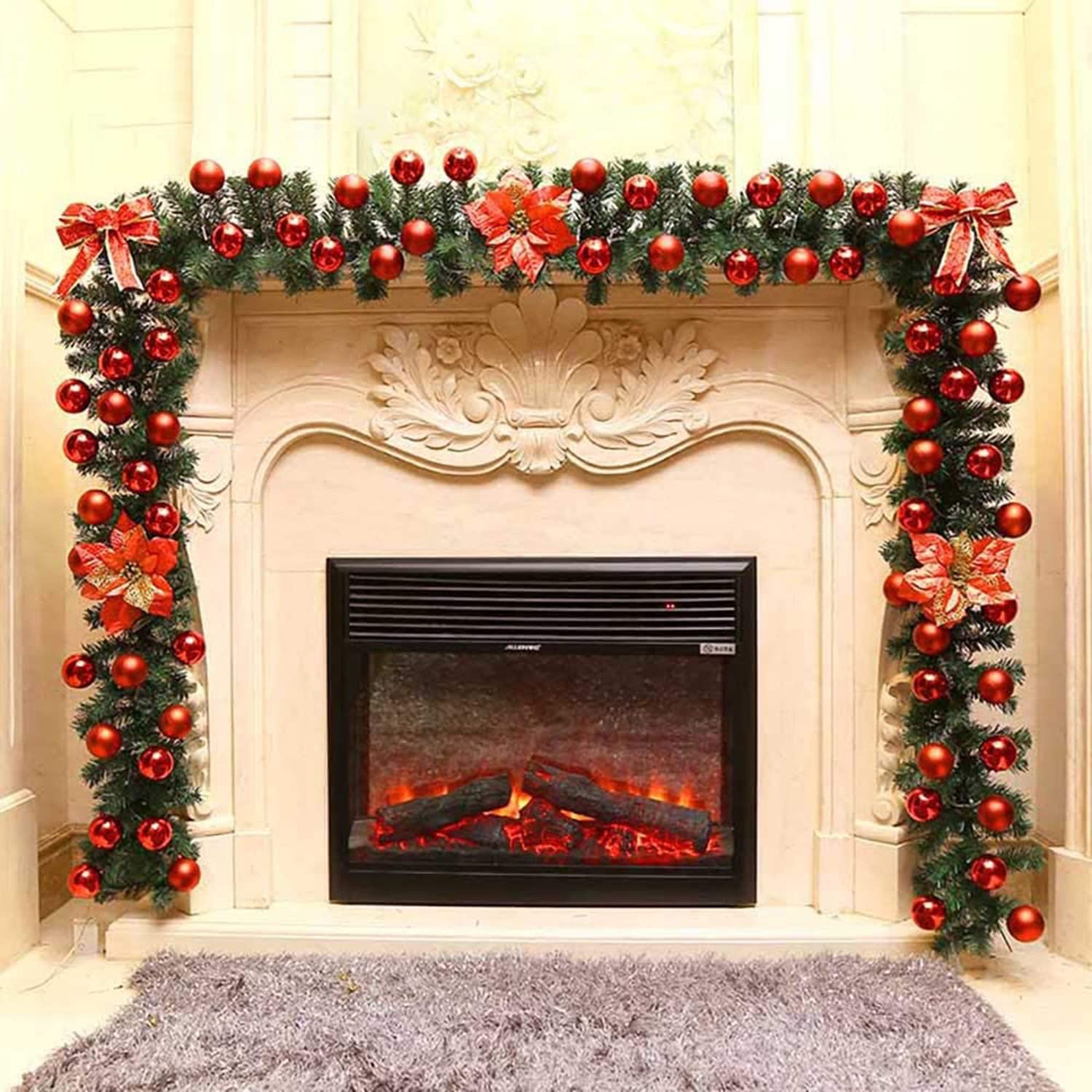 WKZHKA Kerstslinger met verlichting, LED's warm wit Kerstslinger dennenslinger kunstmatige kerstdecoratie, slinger voor interieurdecoratie haarden trap muur deur,Rood,Plug in light