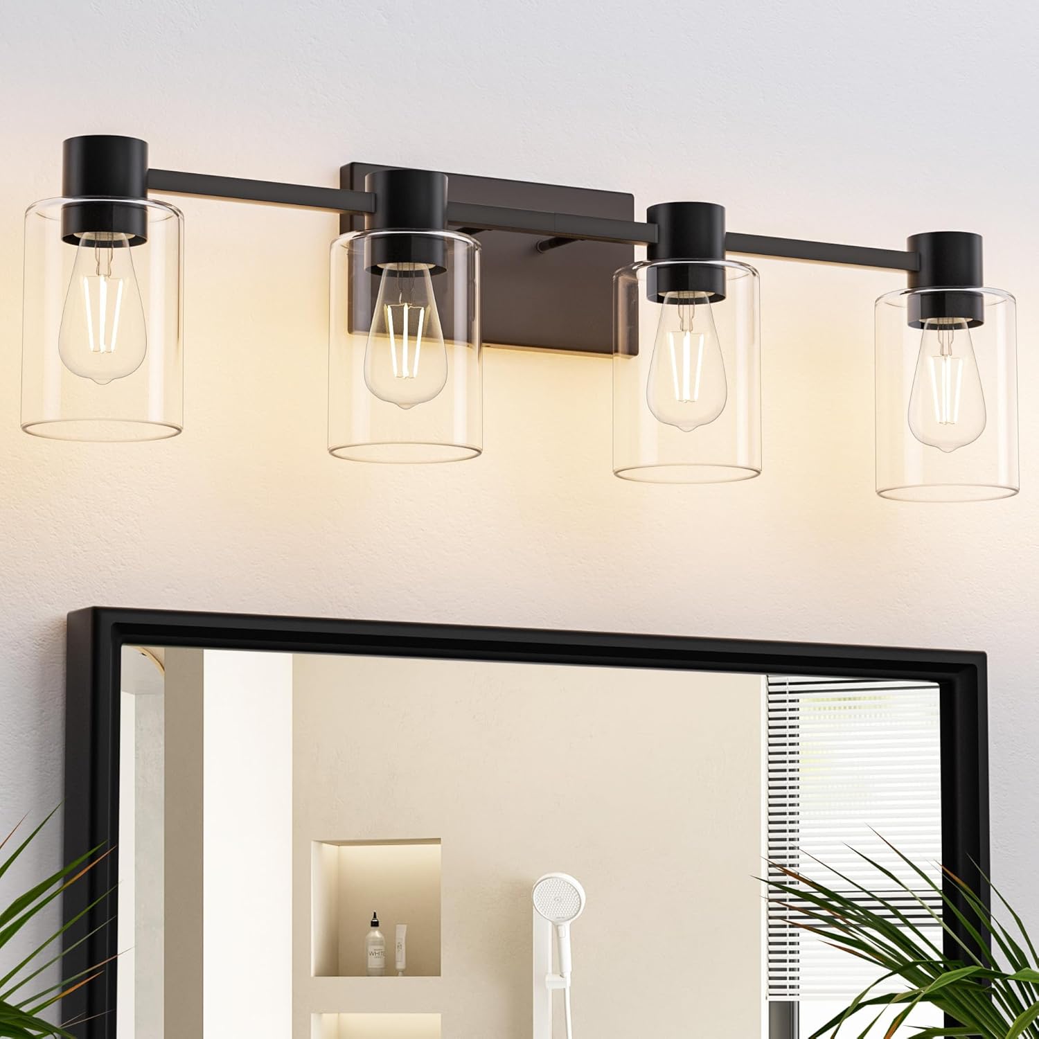 4-Light Modern Vanity Light Fixtures Over Mirror, Matte Black Bathroom Light Fixtures, Vanity Lights, Wall Sconce with Clear Glass Shade for Bathroom, E26 Base