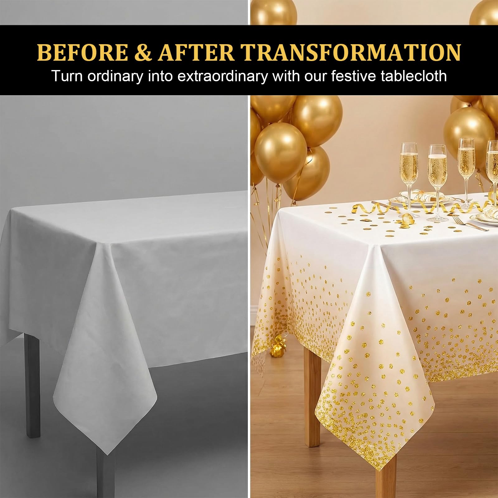 3 Pezzi Tovaglia Usa e Getta, Tovaglie Rettangolare a Pois Bianchi e Dorati per Matrimoni, Natale, Party, Picnic, Compleanno, battesimo(137 x 183 cm)