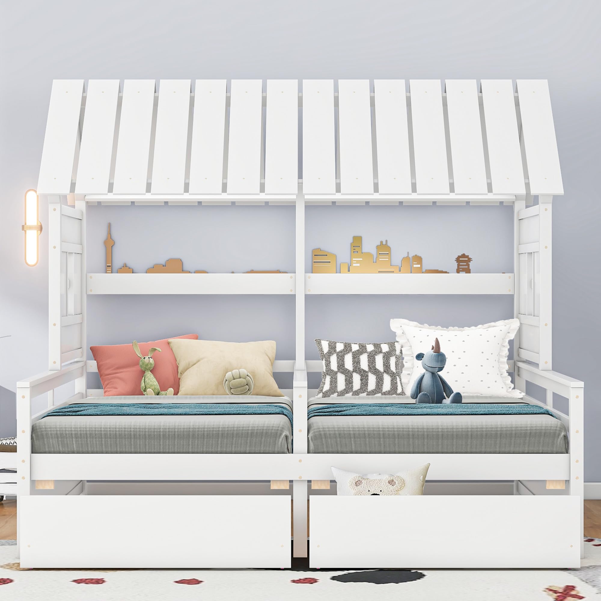 VeroFree Twin Size House Platform Beds with 2 Drawers for Boy & Girl, Shared Bed Combo of 2 Side-by-Side Twin Beds, White (1 Drawer Each), Space-Saving Kids Room