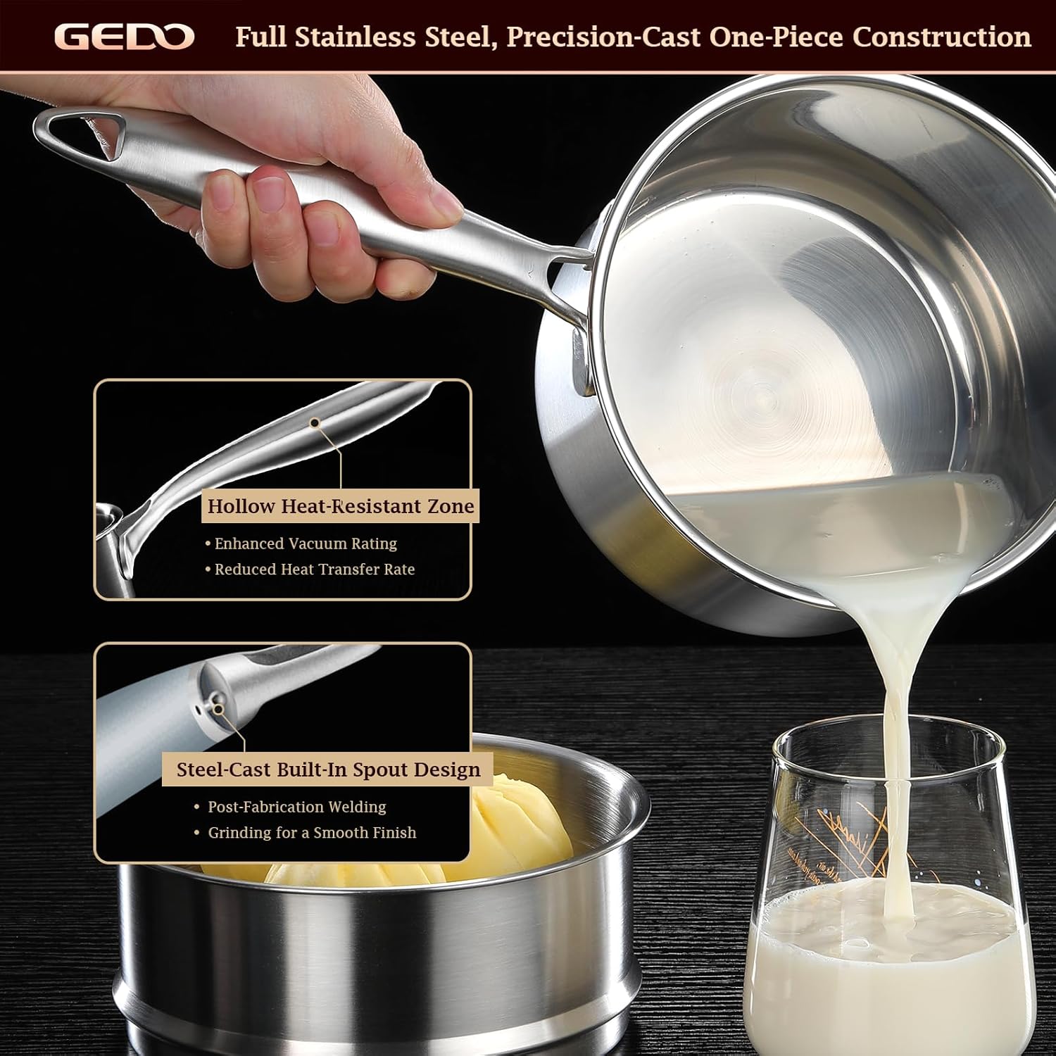 GEDO Food-Grade 316L Stainless Steel Sauce Pan with Glass Lid, 3-Ply Integrated Body Uncoated Cooking Pot, Universal for Induction Gas Ceramic Stovetops, Multi-Purpose Kitchen Cookware (2.7, Quarts)