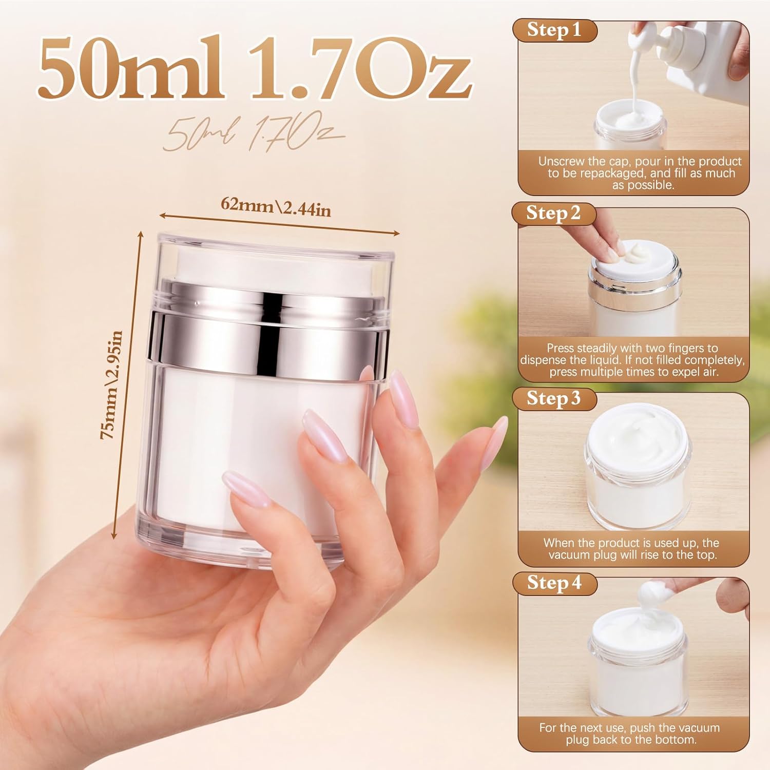 Layhit 6 Pack 1.7 oz Airless Pump Jars, 50ml Refillable Cream Containers for DIY Cream, Travel Size Cosmetic Jars for Face, Lotion, Sunscreen, Moisturizer, Homemade Skincare