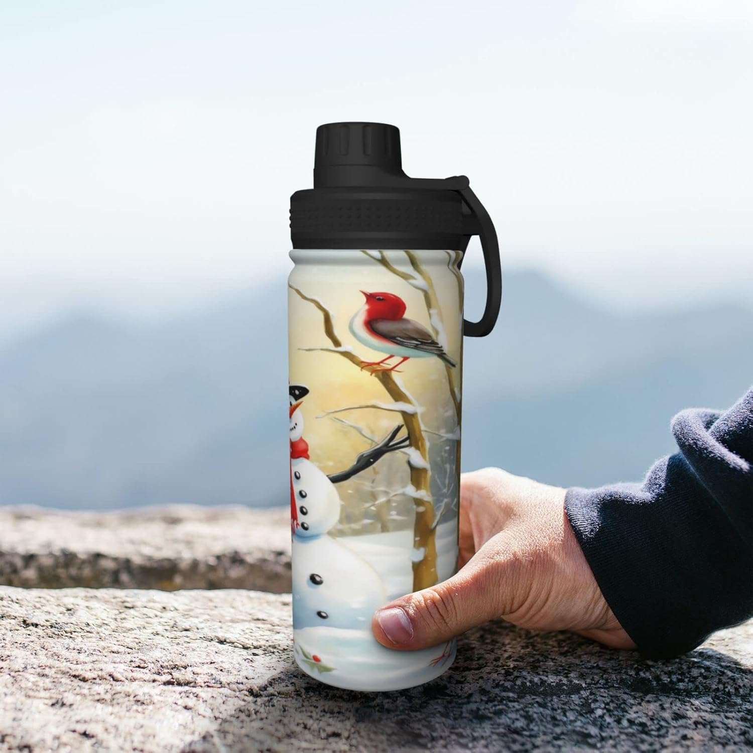 Ouqiuwa Sports Water Bottle Winter Birds Snowman Insulated Stainless Steel Water Bottles, 18 oz Water Cup Flask for Fitness Outdoor Sports Hiking Cycling