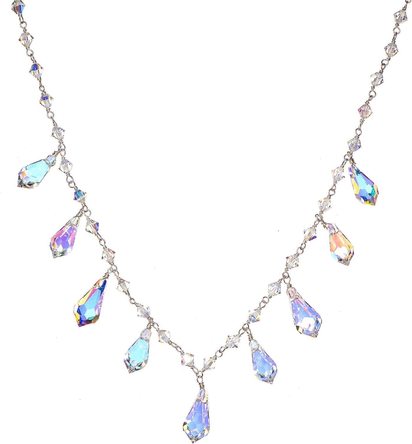 LTC Designs Aurora Borealis Austrian Crystal Linked Fringed Teardrop Necklace on Sterling Silver, 18"