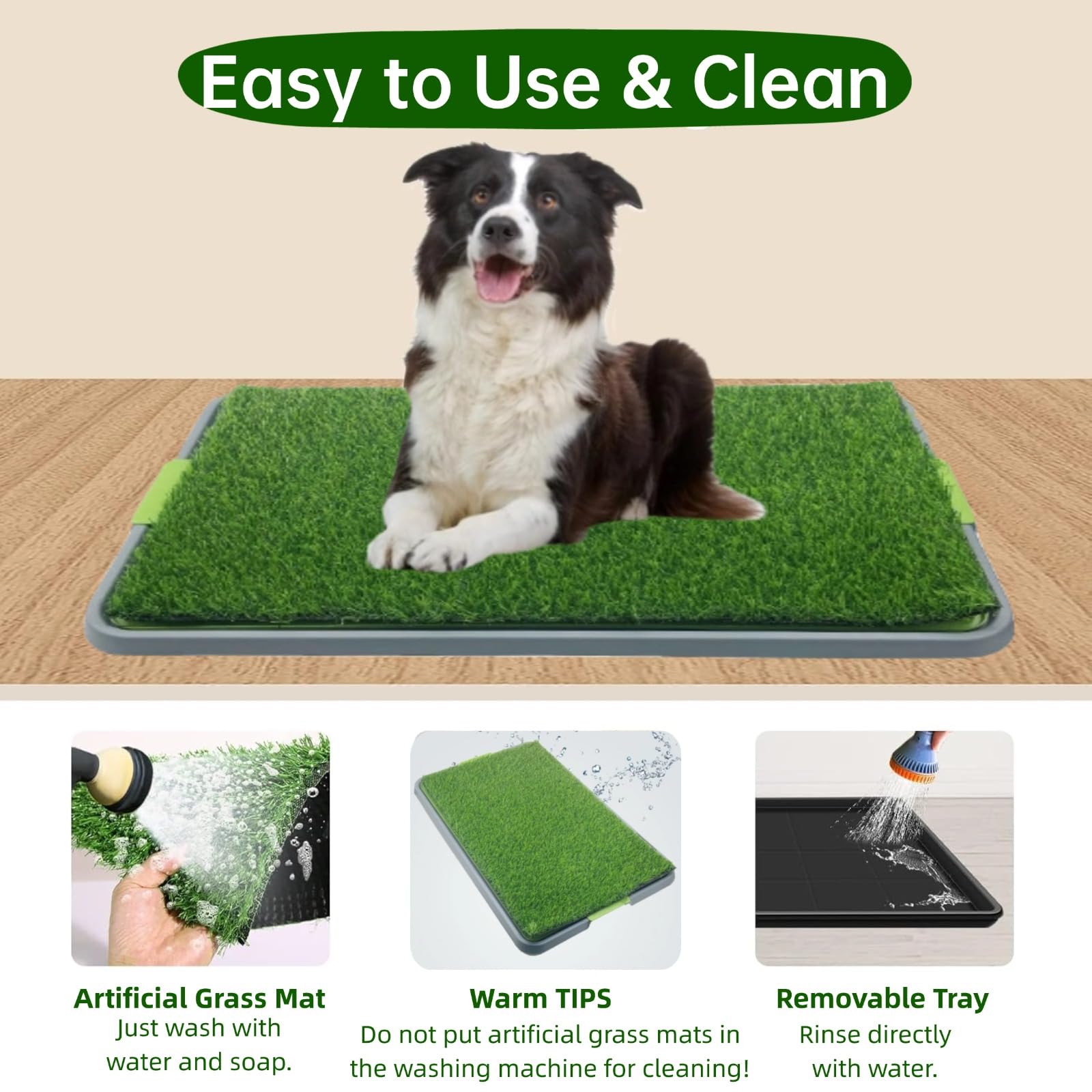 Tapis d'herbe pour chien avec plateau, tapis d'herbe de rechange pour pot pour animal domestique intérieur/extérieur, tapis d'entraînement à la propreté portable, fausse herbe réutilisable pour
