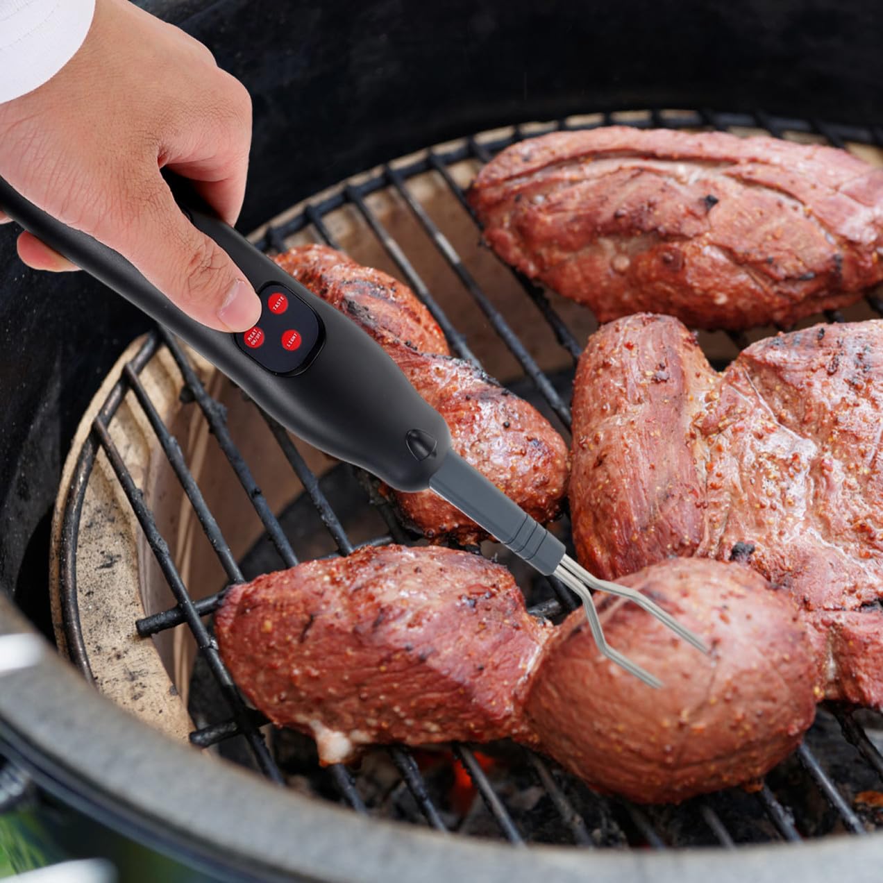 Kisangel BBQ Temperature Indicator Meat Thermometer Fork with Long Probe for Grill and Oven Cooking Digital Cooking Thermometer for Meat Liquid Oil and Food Temperature Monitoring Safe Heat