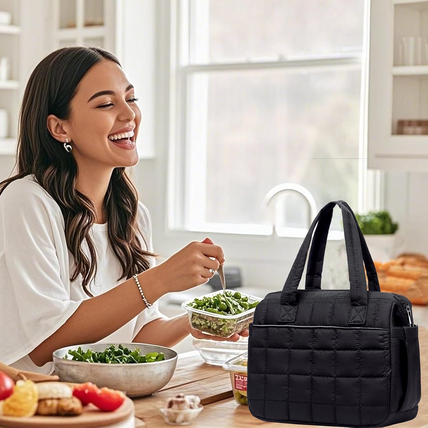 BTOOP Lunch Bag Women Insulated Lunch Box Large Cooler Lunchbox Tote Bags Adult Reusable Boxes for Ladies Work Picnic School Beach (Quilted-Black)