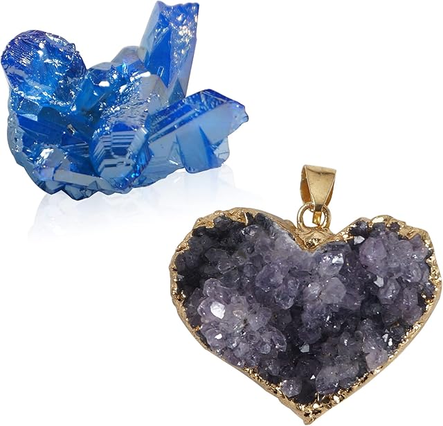 Soulnioi Healing Crystal Natural Amethyst Crystal Cluster Heart Shape with Gold Edge Pendant 1Pcs Navy Blue Electroplated Crystal Irregular Crystal 10-25g for Reiki Meditation Decoration