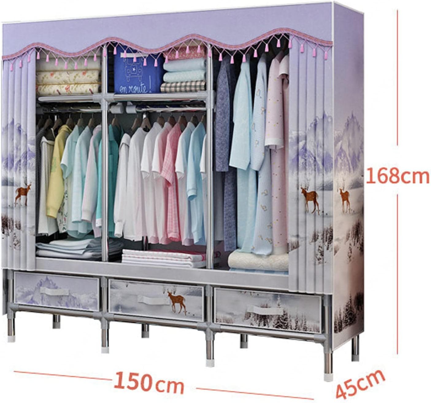 Canvas Wardrobe, Portable Wardrobe Shelves, Foldable Closet with Hanging Rail, Fabric Wardrobe for Clothes, Bags,C-150x45x168cm