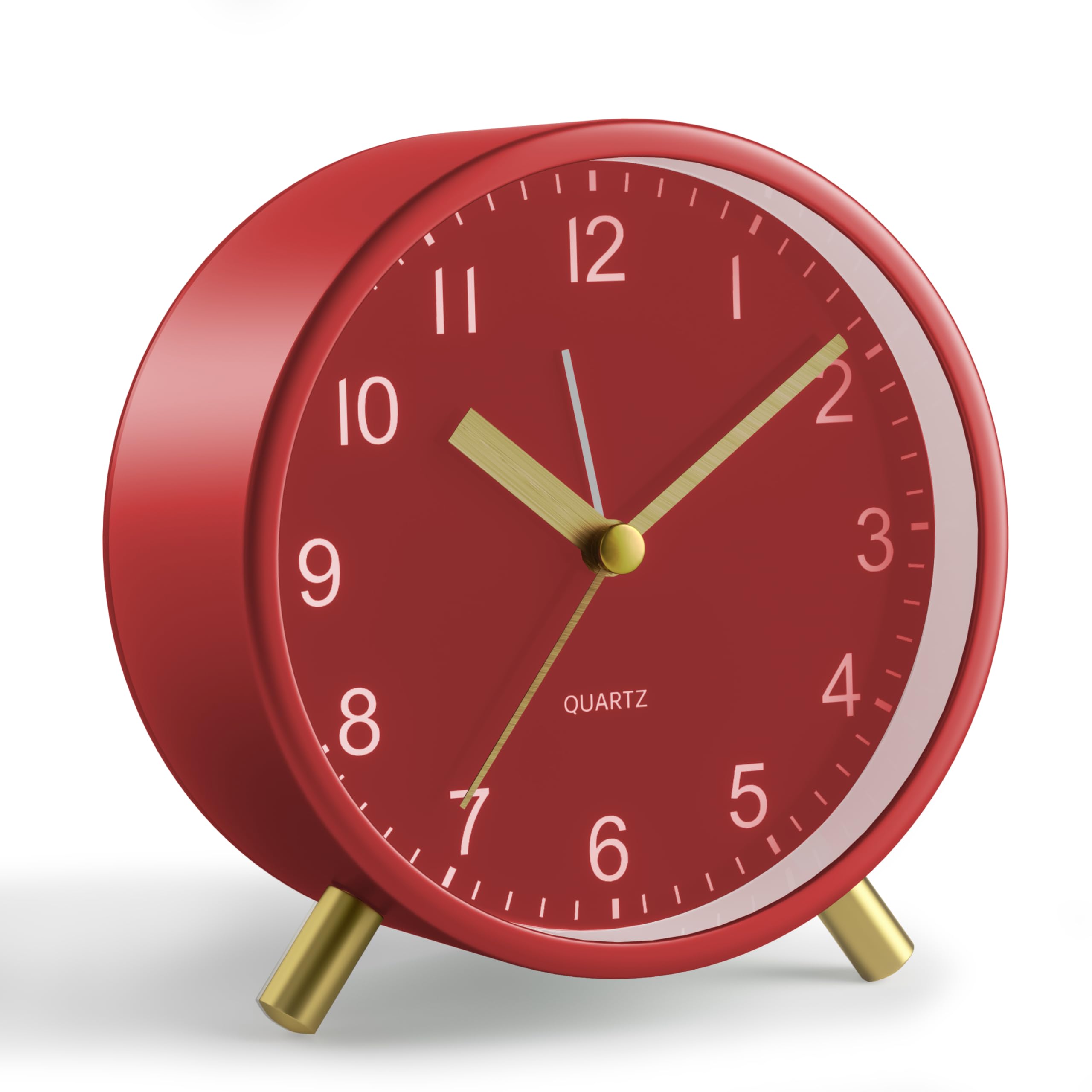Analog Alarm Clock, 4 inch Super Silent Non Ticking Small Clock with Night Light, Battery Operated, Simple Design, easy setting for Office, Bedroom, Bedside, Desk, teens, elders, kids, adult, Red
