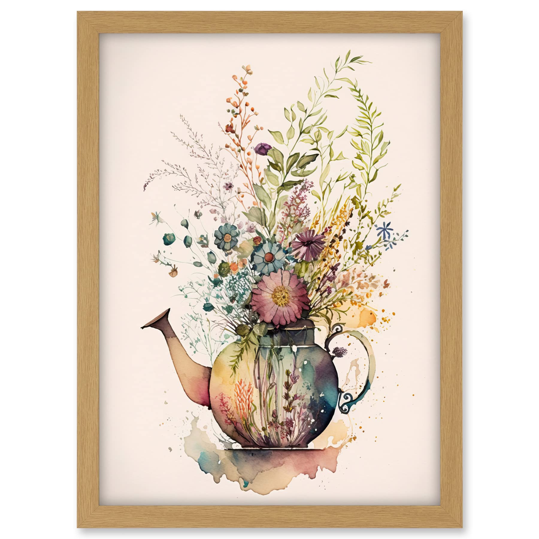 Artery8 Wildflower Floral Spring Bouquet in a Teapot Vase Artwork Framed A3 Wall Art Print