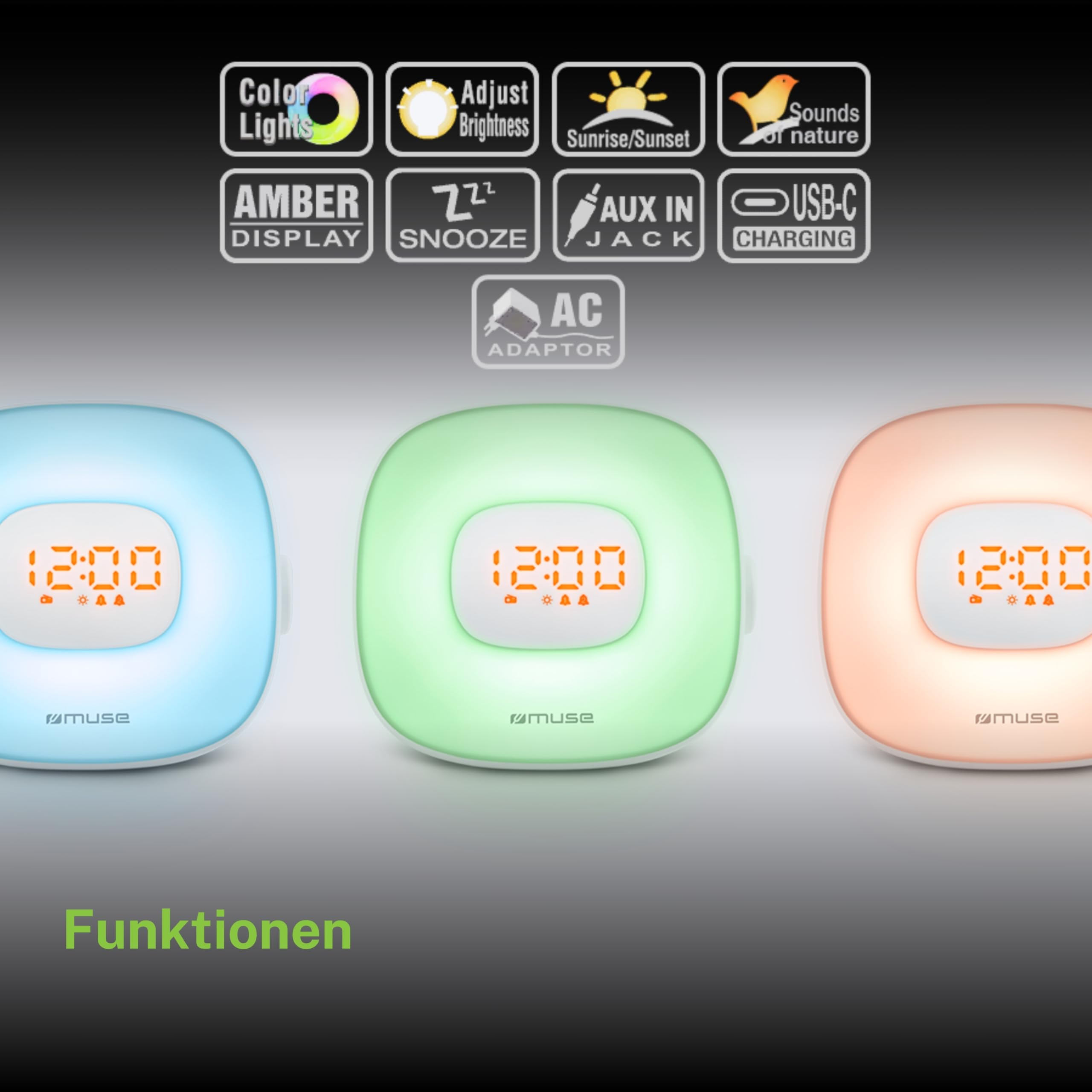 MUSE ML-198 CR Lichtwecker Radio: FM PLL Radio mit Naturklängen, Doppelalarm, LED-Beleuchtung und Dimmfunktion - Wecker mit Aufwachlicht und Farbwechsel
