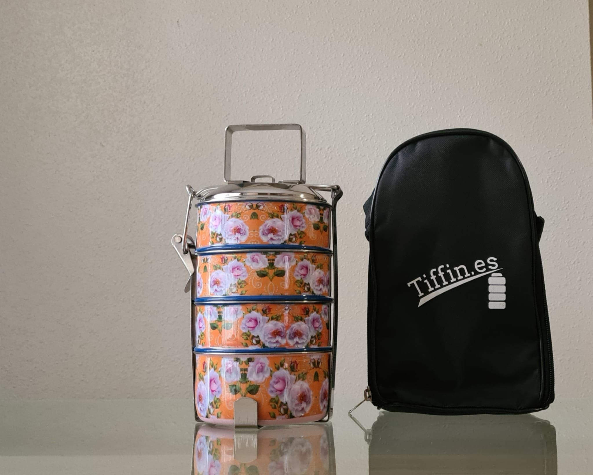 Tiffin cilíndrico de 4 niveles con estampado floral 100% acero inoxidable con bolsa térmica | Tiffin.es