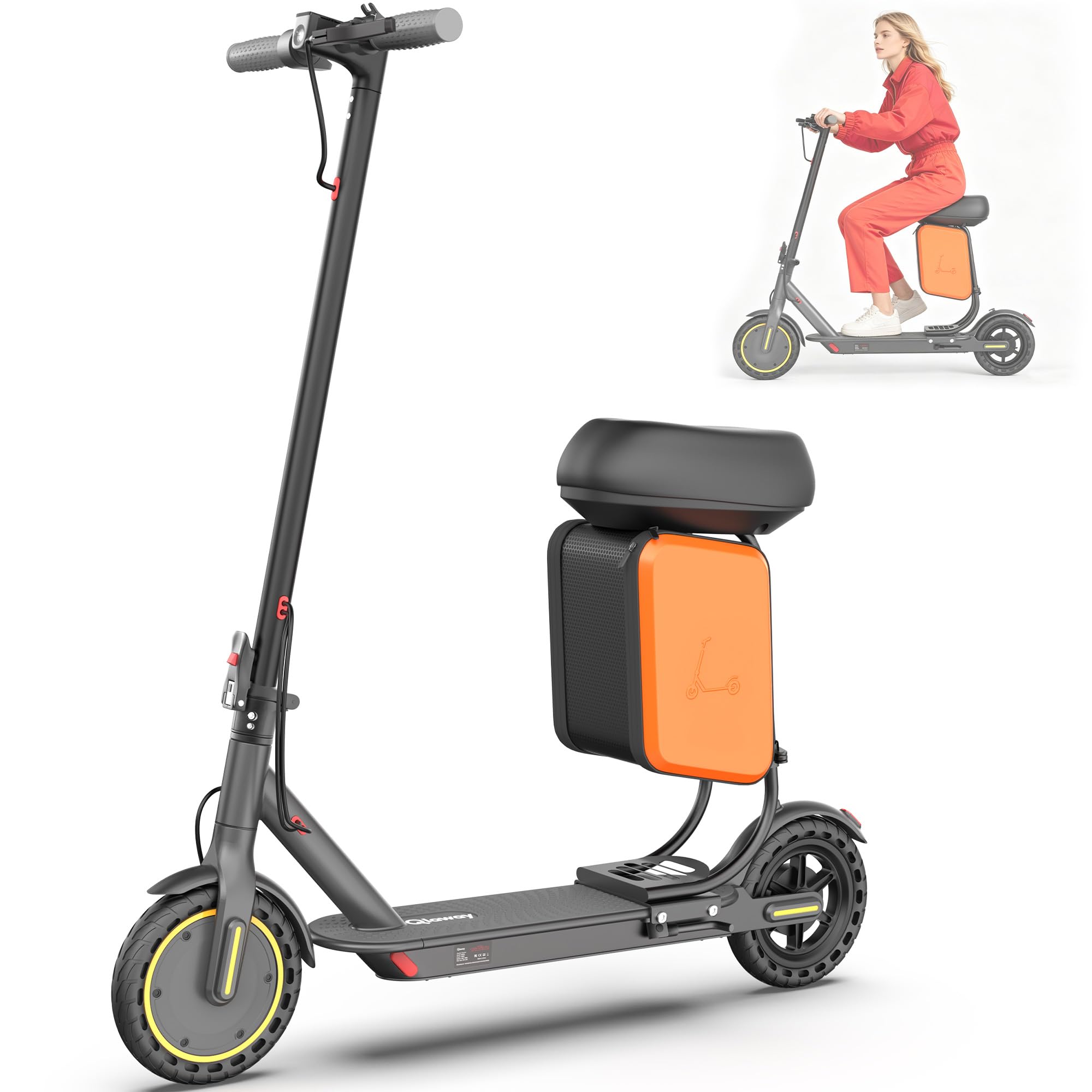 qlaway electric scooter with seat for adults, 8.5''/10'' solid tires, 19/22mph, 700w/1000w peak motor, 15/22 miles range, portable & folding commuter escooter with dual braking, smart app