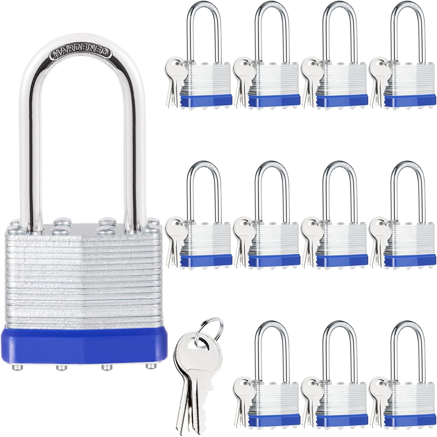 12Pcs Padlocks with Same Keys,Laminated Steel Blue Silver(1-9/16",40mm),Long Shackle for Sheds,Gates,Fences,Toolbox,Outdoor and Indoor Use