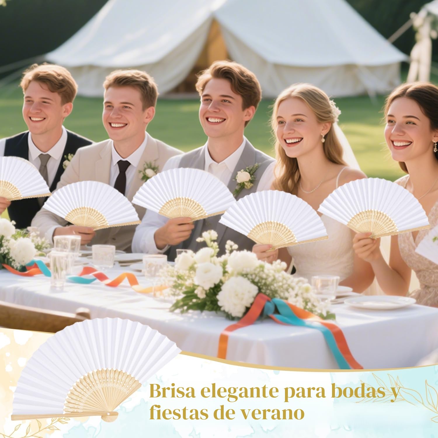 iZoeL 24 Abanicos Blanco Boda Invitados Mano, Abanicos de Papel Plegables con Varillas de Madera, Incluye 24 Bolsas de Organza, Detalles de Bodas para Invitados Fiesta Verano