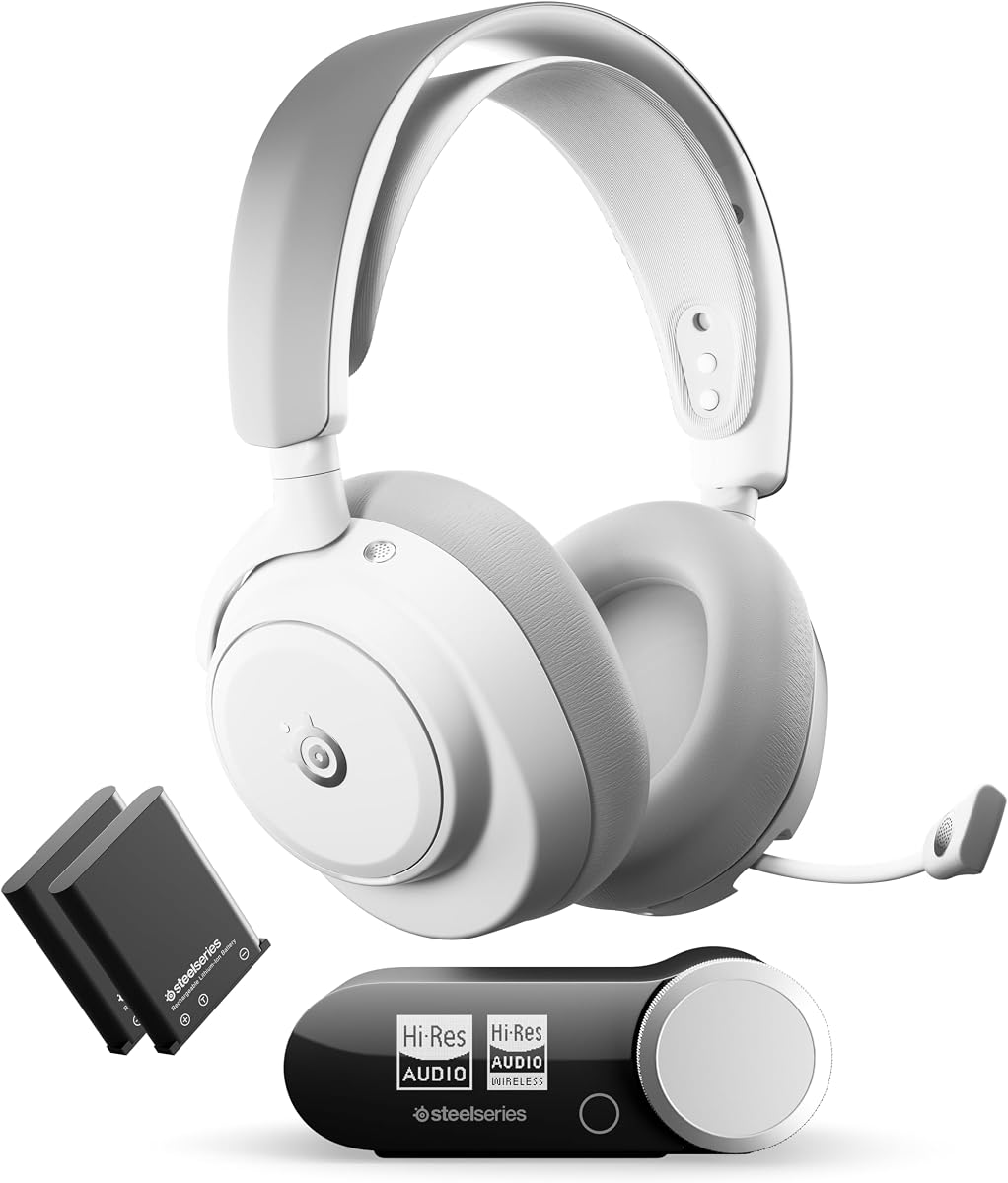 SteelSeries Arctis Nova Pro Omni - Auriculares inalámbricos para juegos de alta resolución, 96 kHz/24 bits, ANC, micrófono ClearCast Pro, rechazo de ruido AI, aplicación móvil, Mix 2.4GHz + BT, OmniPlay PC+PlayStation+Xbox - Blanco