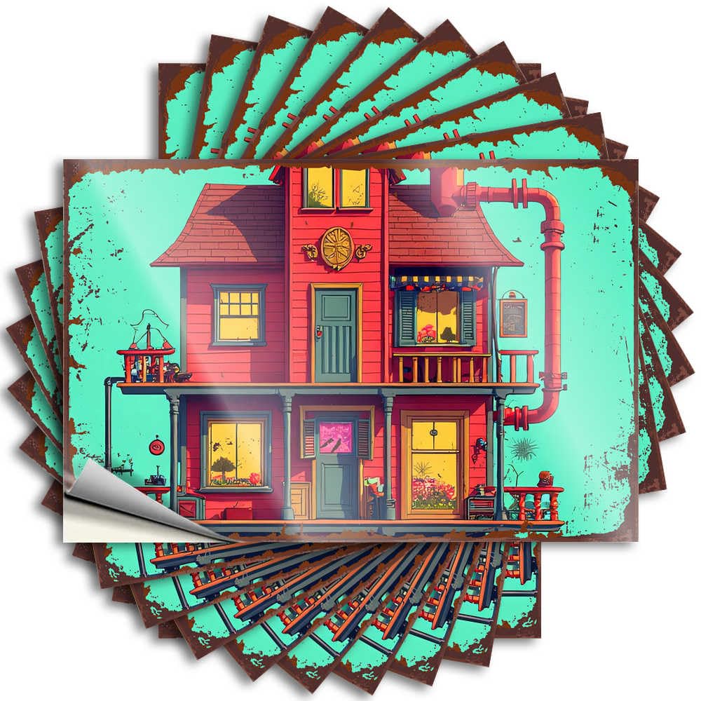 Whimsical Red House with Balconies and Pipes Goods Beer DIY | Optical Illusion Decals Water Removable Vinyl Sticker Decal(6X9CM)