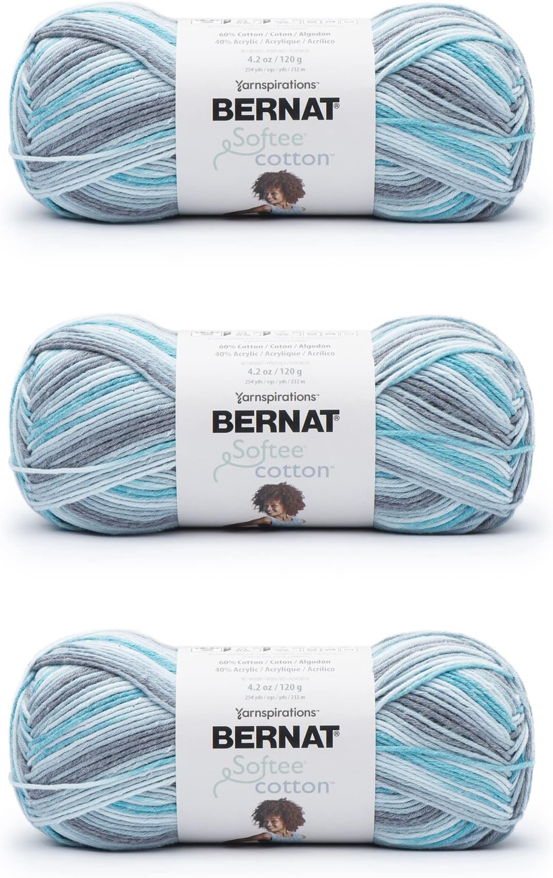 Bernat Softee Cotton Blue Waves Yarn - 3 Pack of 120g/4.25oz - Nylon - 3 DK (Light) - 254 Yards - Knitting, Crocheting & Crafts
