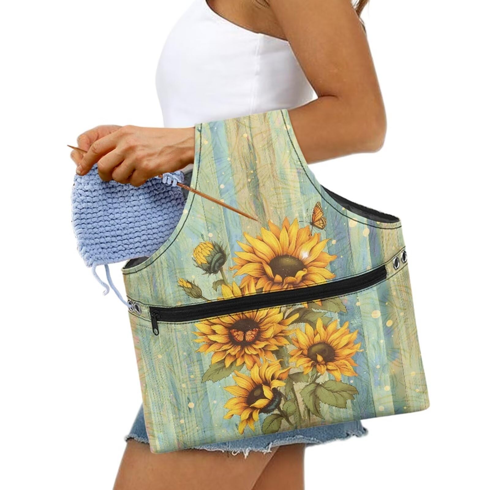Babrukda Crochet Bag Storage Organizer, Retro Sunflower Plank Print Yarn Bag, Knitting Tote Bag, Craft Kits Bag, Yarn Holder for Crochet Accessories, Handbag for Daily Travel Beach, Large