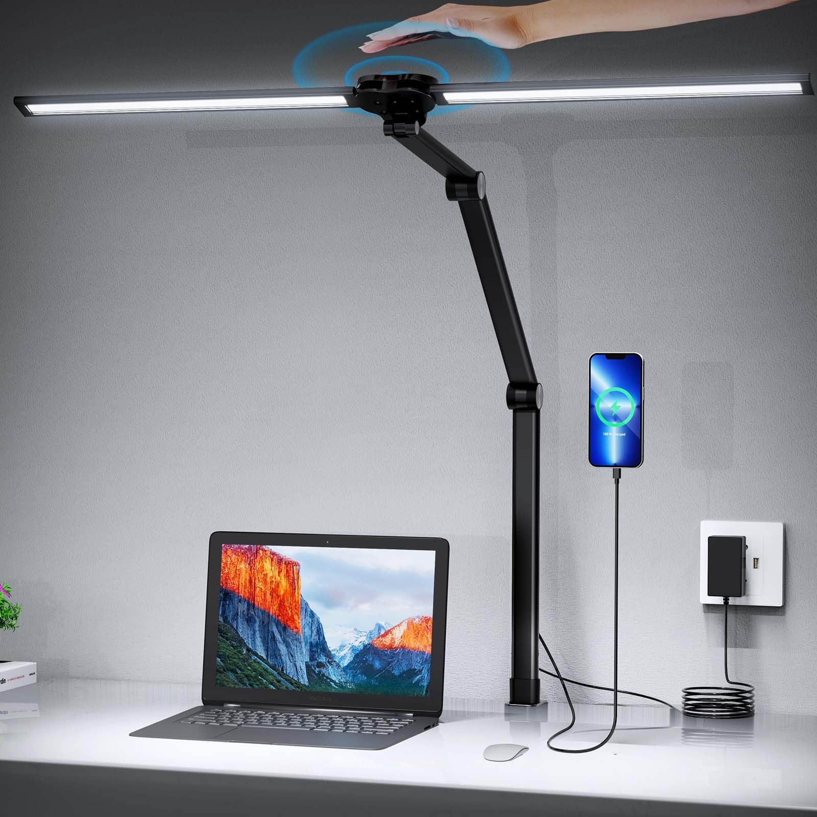 Tyonto 1300LM lámpara de escritorio LED de doble cabeza 24W 76CM regulación de brillo y control por gestos, lámpara de monitor con abrazadera lámpara de escritorio brazo oscilante oficina en ajustable