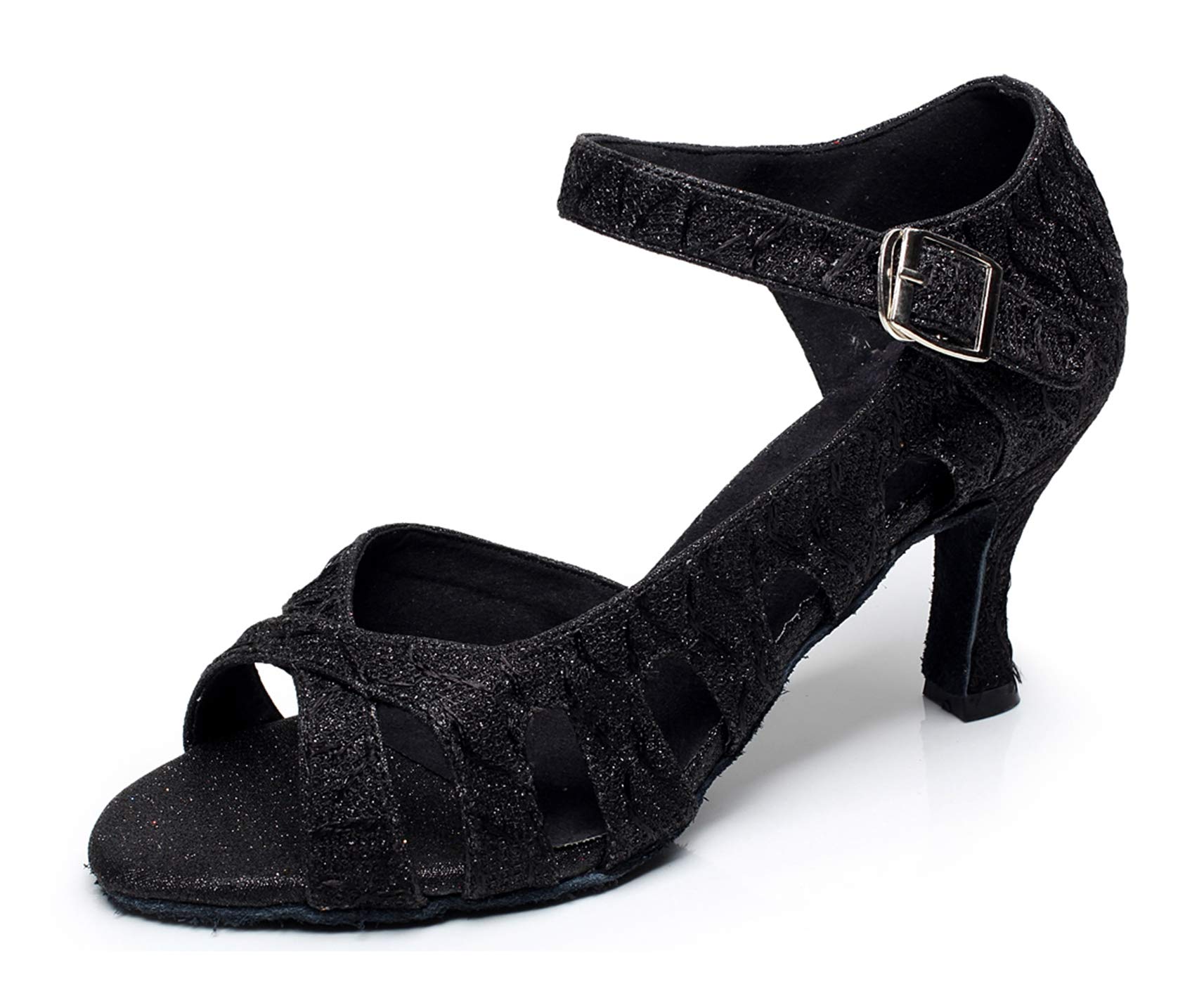 MINITOOWomen's Style QJ6209 Cut Out Dance Shoes Single Strap Black Mesh Salsa Latin Dance Shoes UK 7