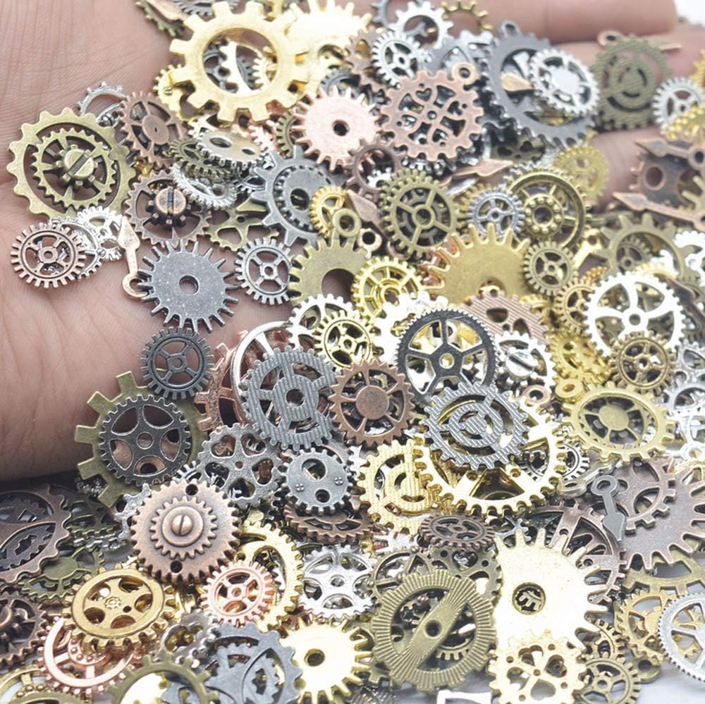 100 Gram Antique Metal Steampunk Gears Charms DIY Pendant Metal Clock Watch Wheel Gear Cog Craft Supplies Jewelry Making Accessories for Crafting DIY Jewelry (Mixed Colours)